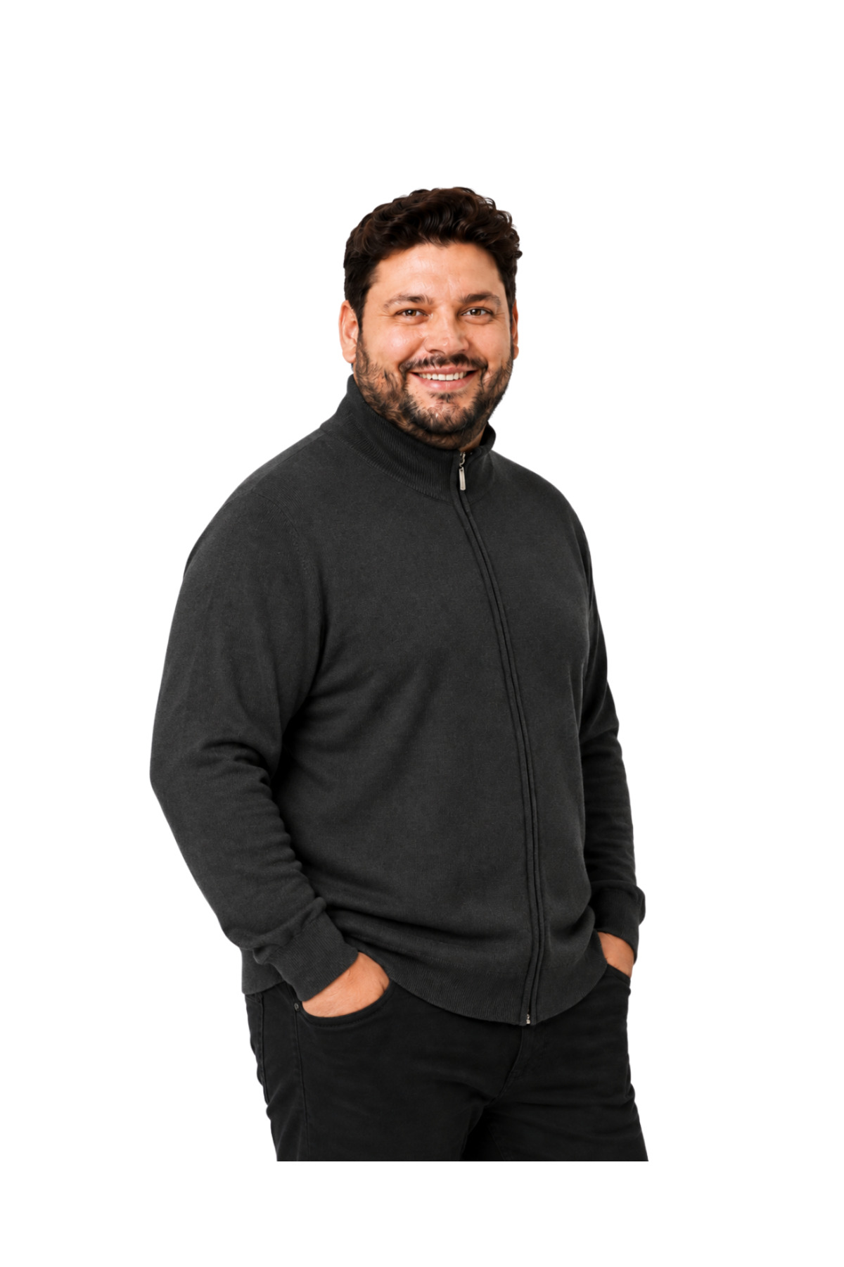 BattalModa Erkek Büyük Beden Antrasit Fermuarlı Dik Yaka Pamuklu Hırka 3XL-4XL-5XL-6XL görsel 2