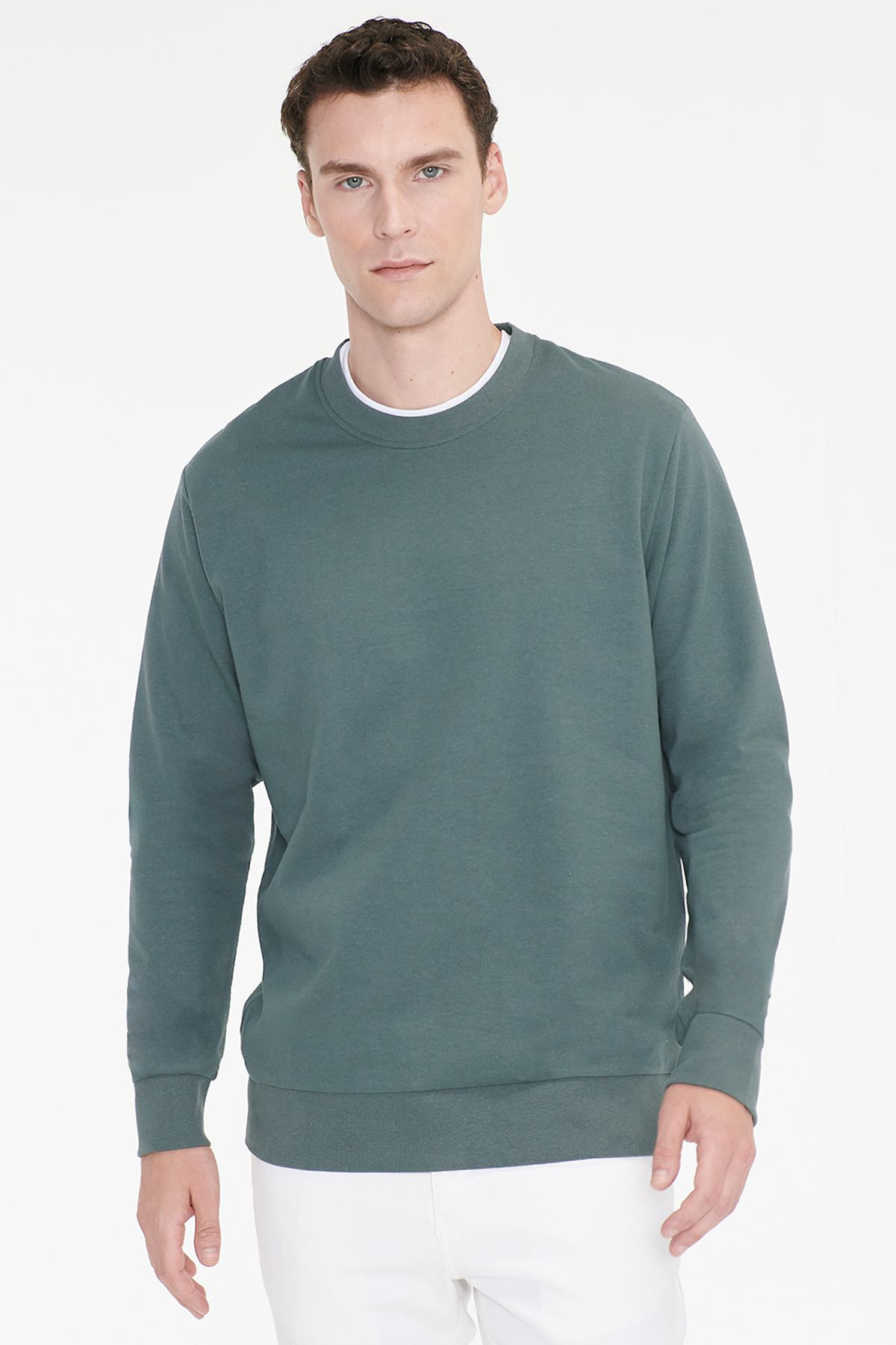 AC&Co / Altınyıldız Classics Erkek Yeşil Pamuklu Standart Fit Normal Kesim 2 İplik Bisiklet Yaka Sweatshirt görsel 3