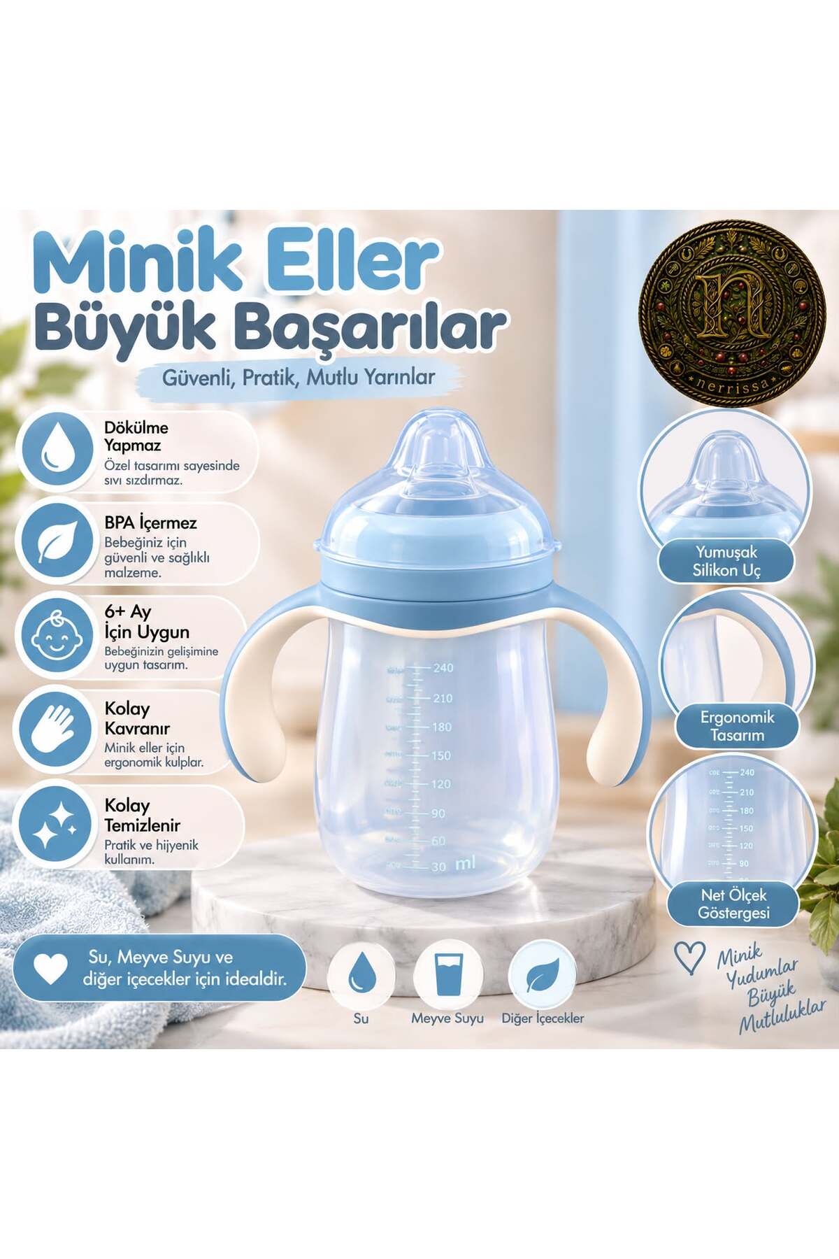 Genel Markalar Bebek Akıtmaz Kulplu Alıştırma Bardağı Mavi – 240 ml, Yumuşak Silikon Uçlu, BPA İçermeyen, Ölçekli Bebek Suluğu 6+ Ay