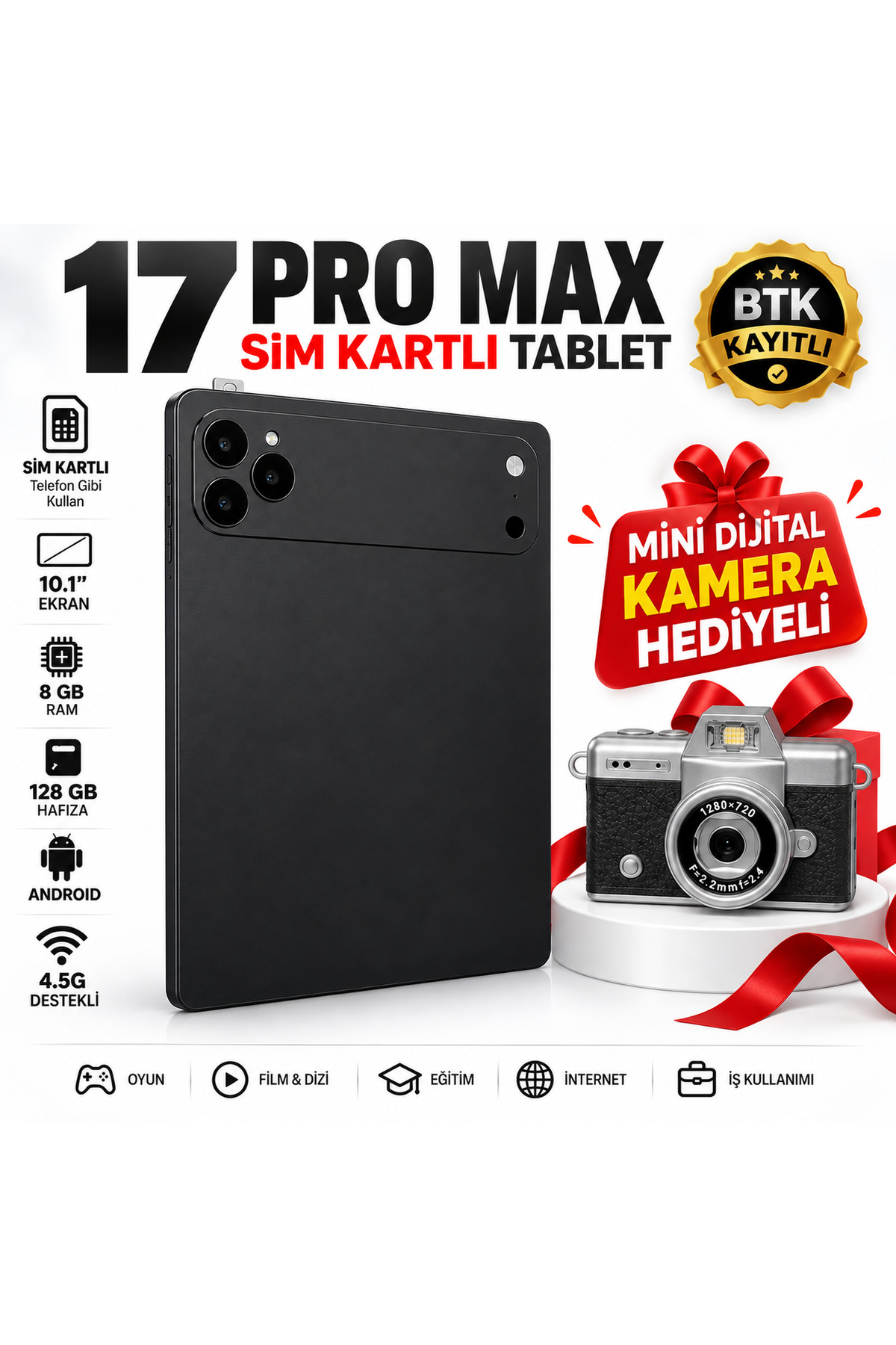 asf teknoloji 17 ProMax Sim Kartlı Mini Dijital Kamera Hediyeli-Klavye+Mous+Kalem+Kılıf Full Set