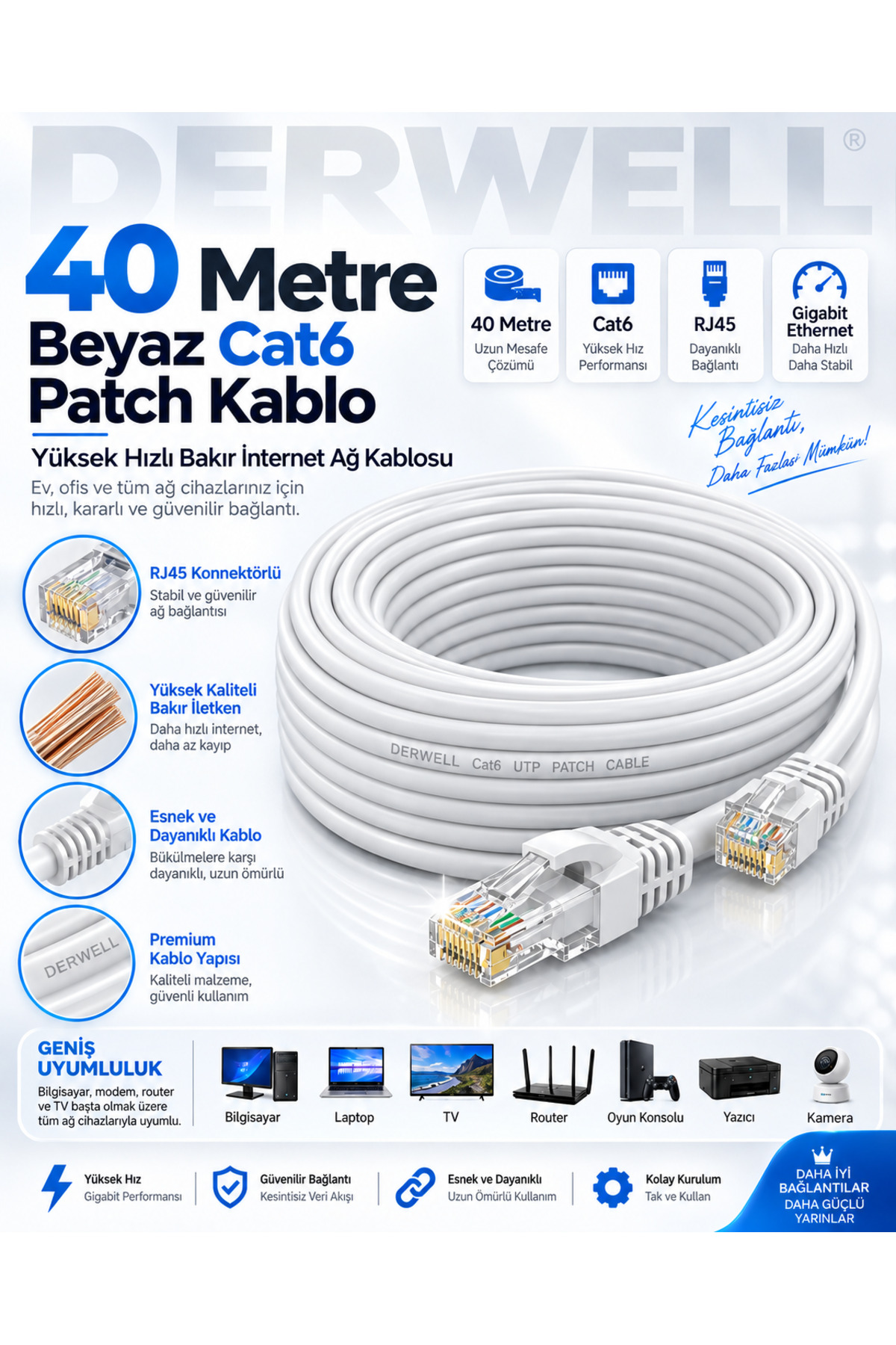 40 Metre Cat6 Fabrikasyon 1 Gbps 250 MHz Ethernet Internet Lan Ethernet Kablosu Yüksek Hızlı Gigabit Uyumlu RJ45 Hazır Soketli Modem Bilgisayar Playstation Akıllı TV Bağlantı Kablosu Kesintisiz