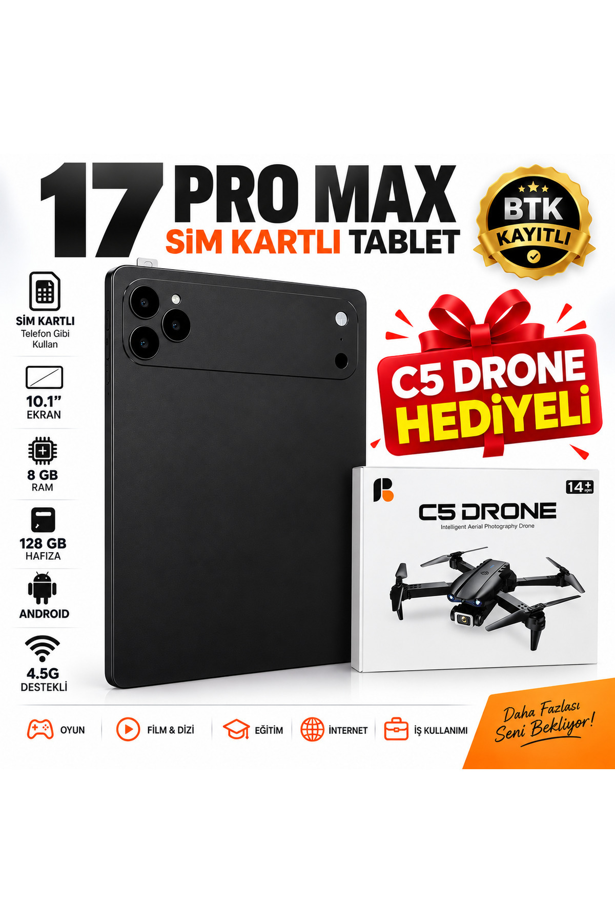 asf teknoloji 17 ProMax Sim Kartlı Tablet-Dron Hediyeli-Klavye+Mous+Kalem+Kılıf Full Set