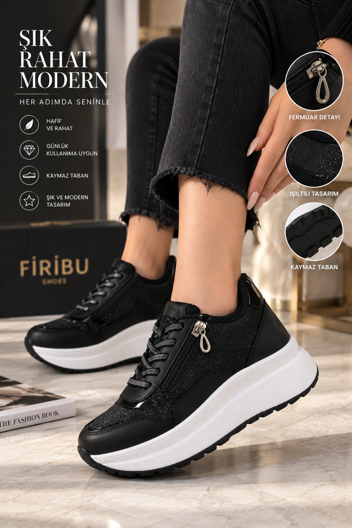 Firibu Bağcıklı Gizli Topuk Ortapedik Dolgu Taban Taşlı Simli Spor Ayakkabı görsel 2