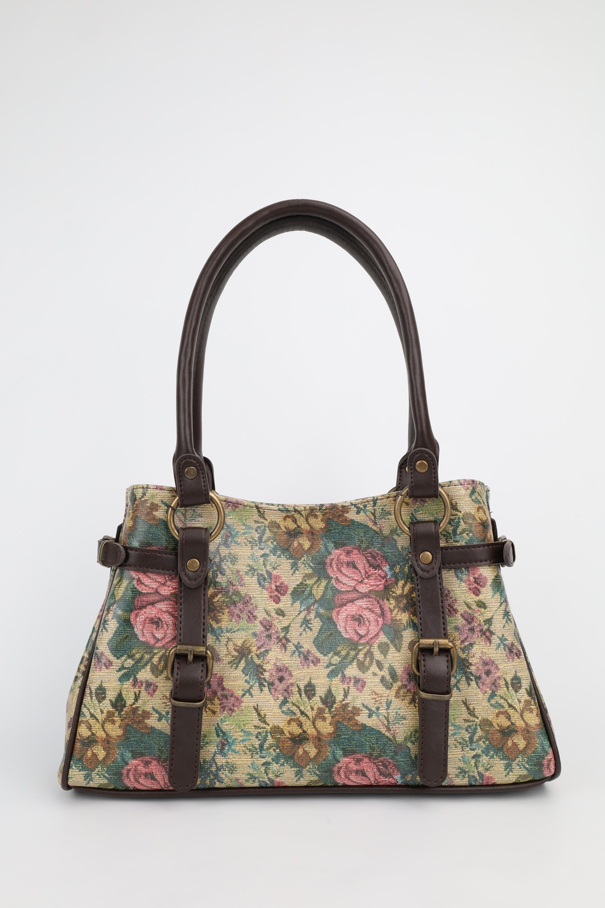 NOTHING Kadın Retro Floral Desenli Tokalı Kemer Detaylı Gold Vintage Aksesuarlı El Omuz Çantası Primood