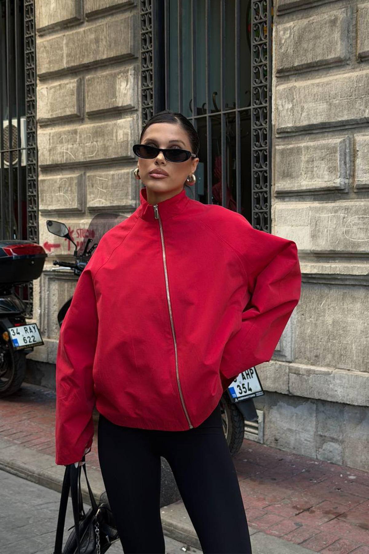 NET OF NOT Yeni Sezon Kırmızı Oversize Dik Yaka Kadın Ceket Mont