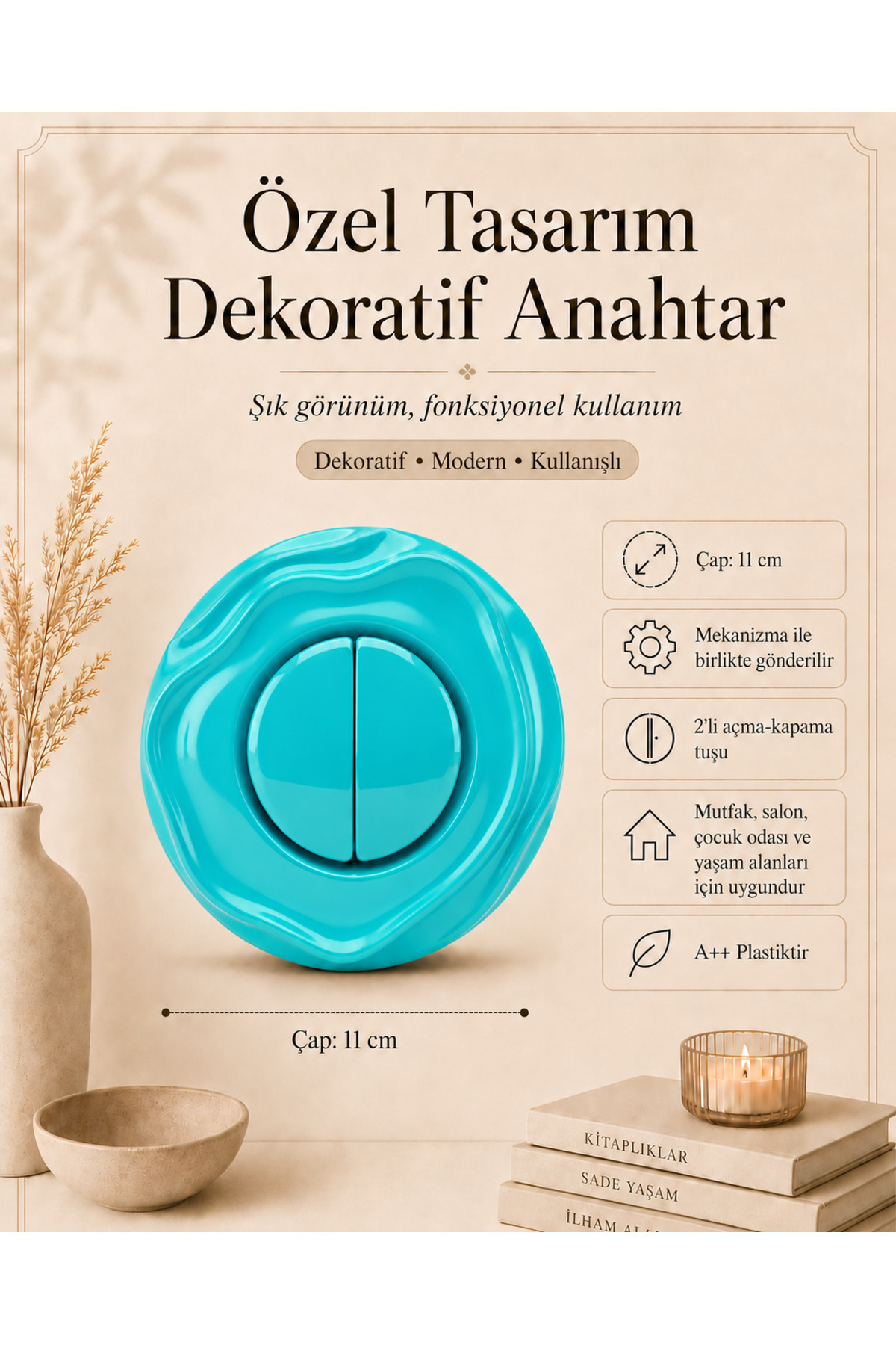 Özel Tasarım Wavy Serisi Turkuaz Renk Dekoratif Komütatör Anahtar A Kalite Plastik (Mekanizma Dahildir)