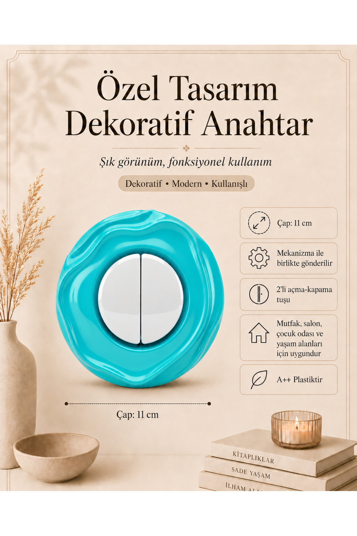 Özel Tasarım Wavy Serisi Dış Turkuaz İç Beyaz Dekoratif Komütatör Anahtar A Kalite Plastik (Mekanizma Dahildir)