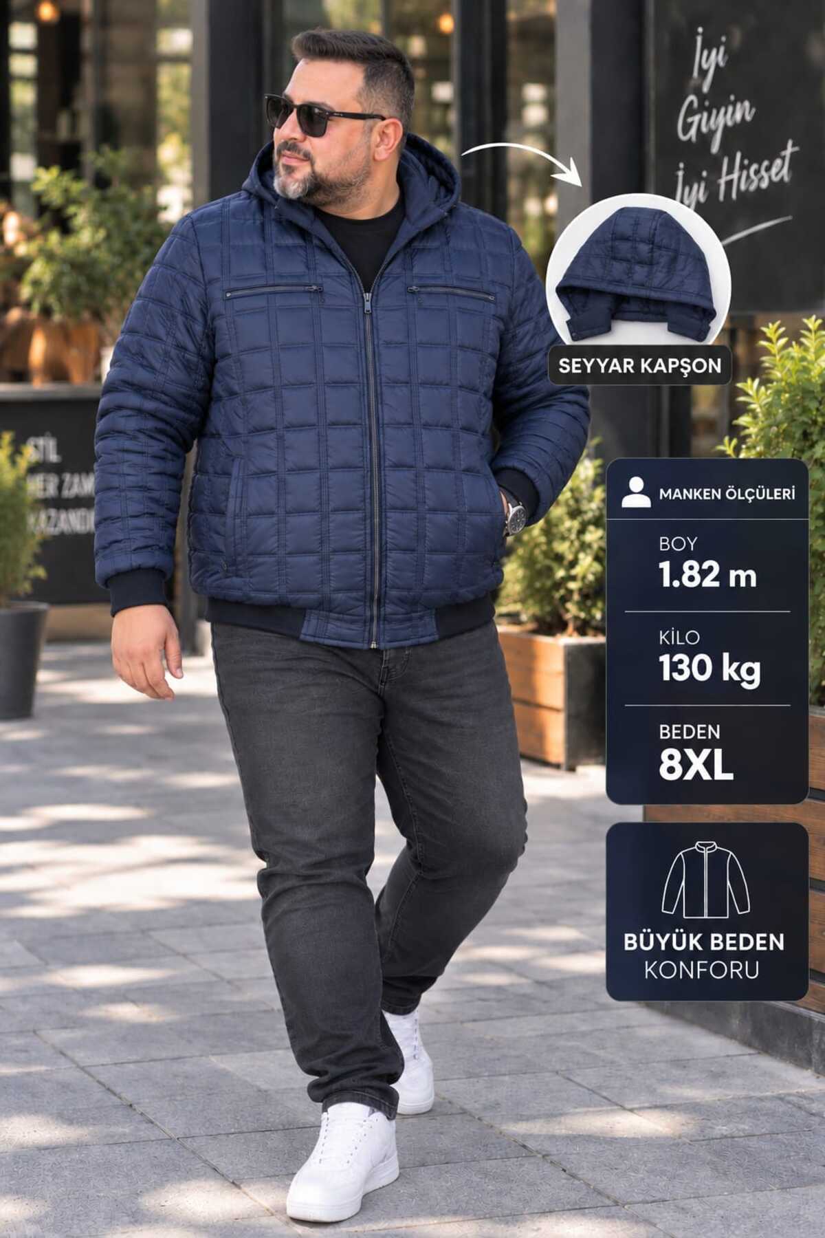 OKER Büyük Beden Erkek Seyyar Kapüşonlu Kapitone Mont, Kol VE Bel Lastikli görsel 4