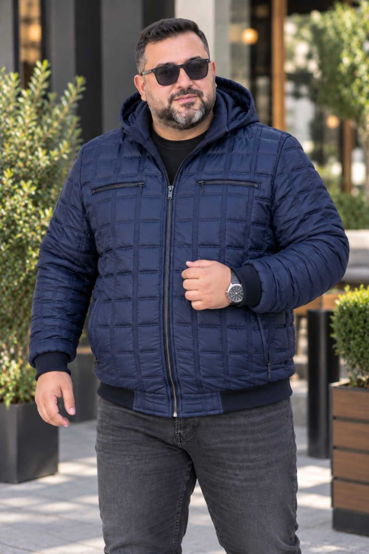 OKER Büyük Beden Erkek Seyyar Kapüşonlu Kapitone Mont, Kol VE Bel Lastikli