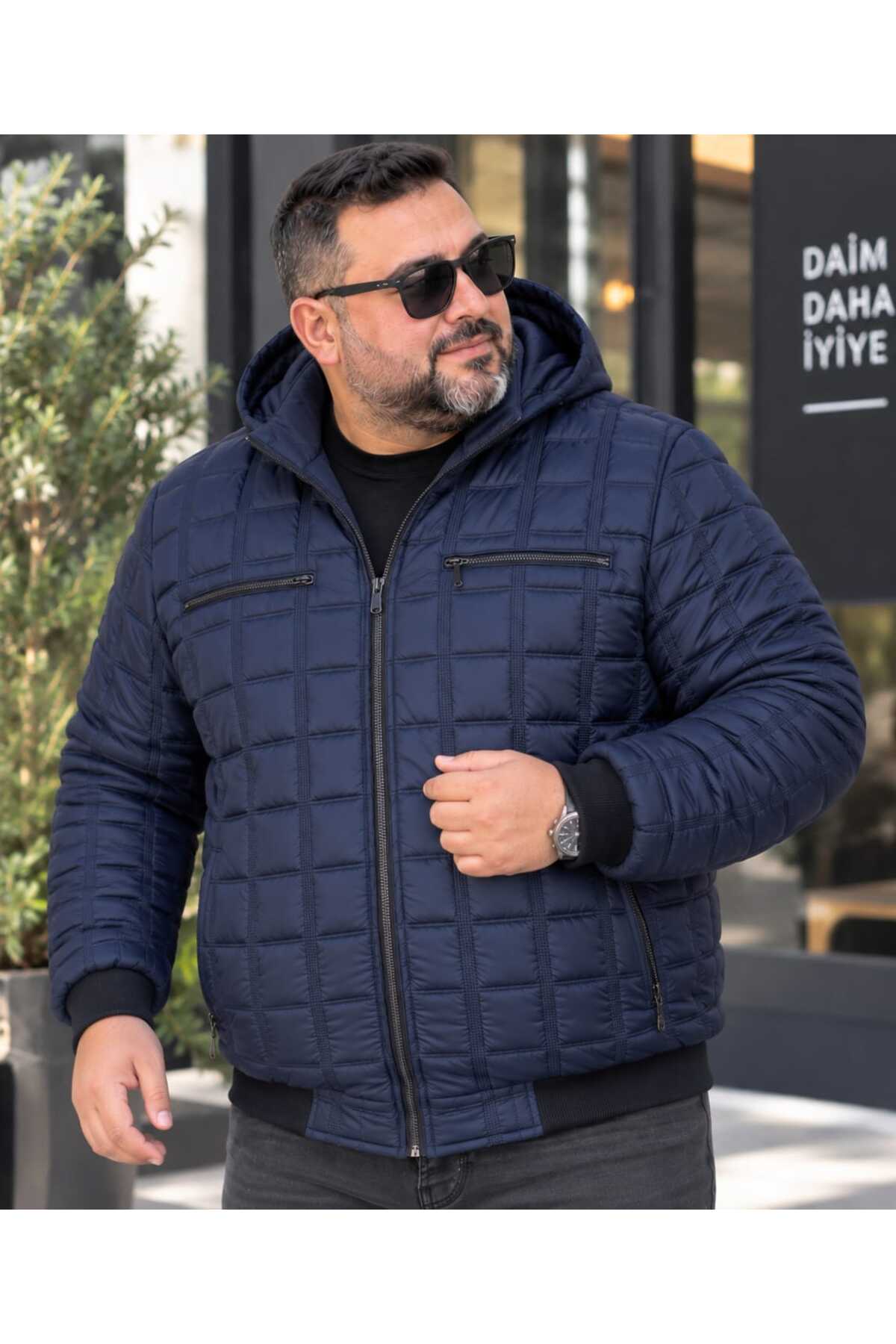 OKER Büyük Beden Erkek Seyyar Kapüşonlu Kapitone Mont, Kol VE Bel Lastikli görsel 6
