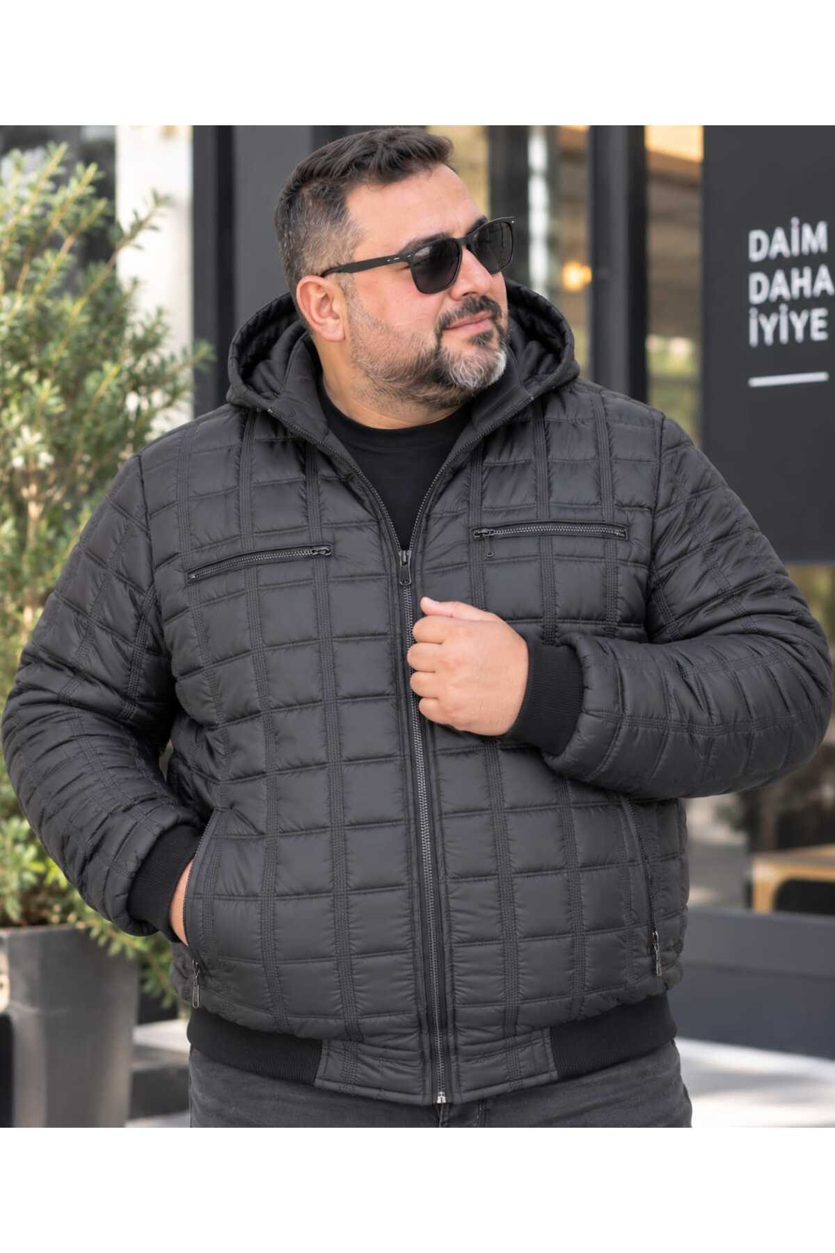OKER Büyük Beden Erkek Seyyar Kapüşonlu Kapitone Mont, Kol VE Bel Lastikli görsel 6