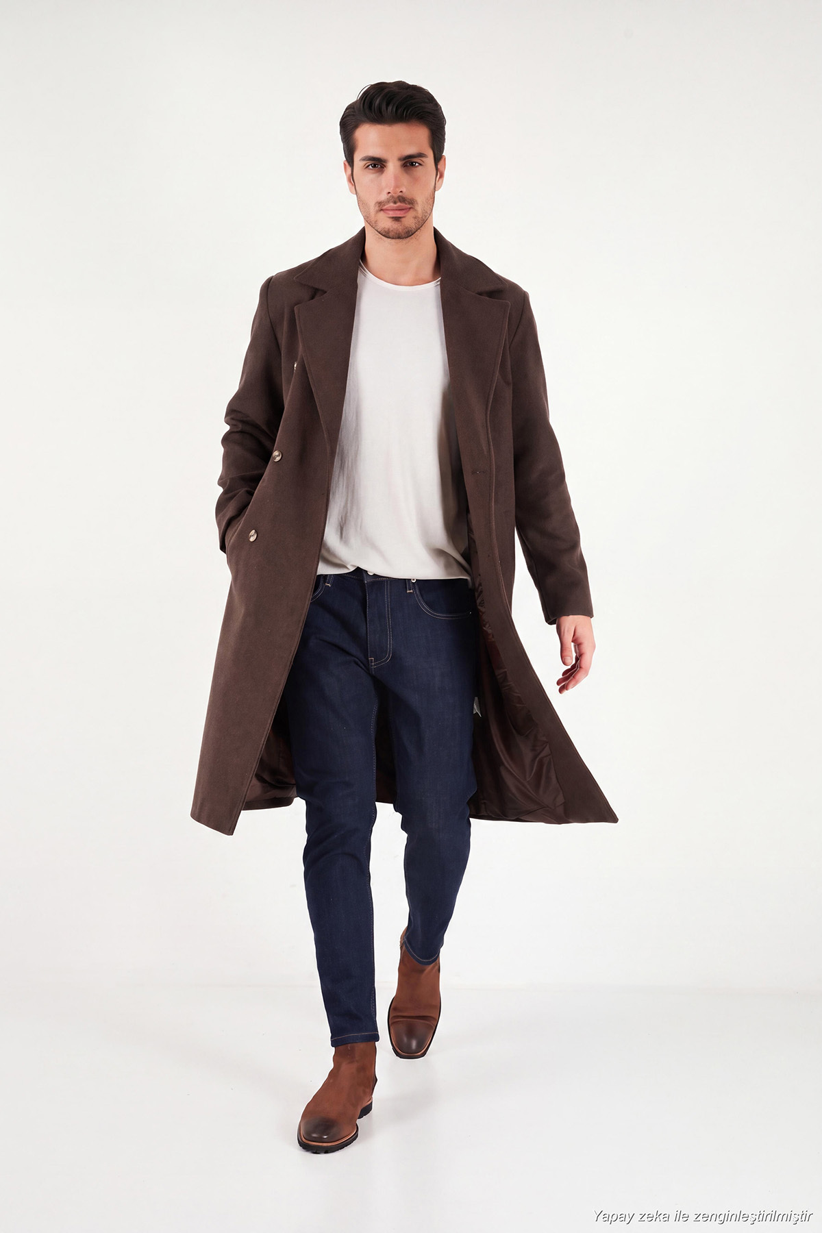 Buratti Loose Fit Kruvaze Yaka Uzun Astarlı Kaşe Kaban Erkek KABAN 681003 görsel 4