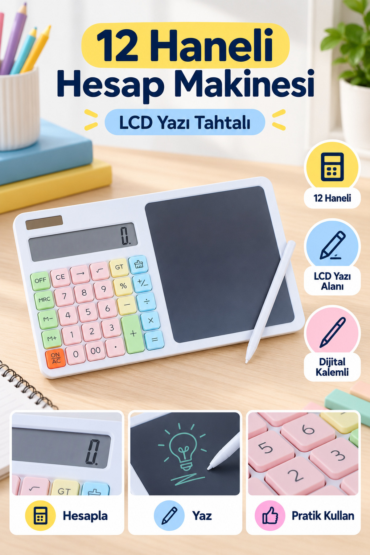 Genel Markalar 12 Haneli Hesap Makinesi - LCD Yazı Tahtalı - Dijital Kalemli