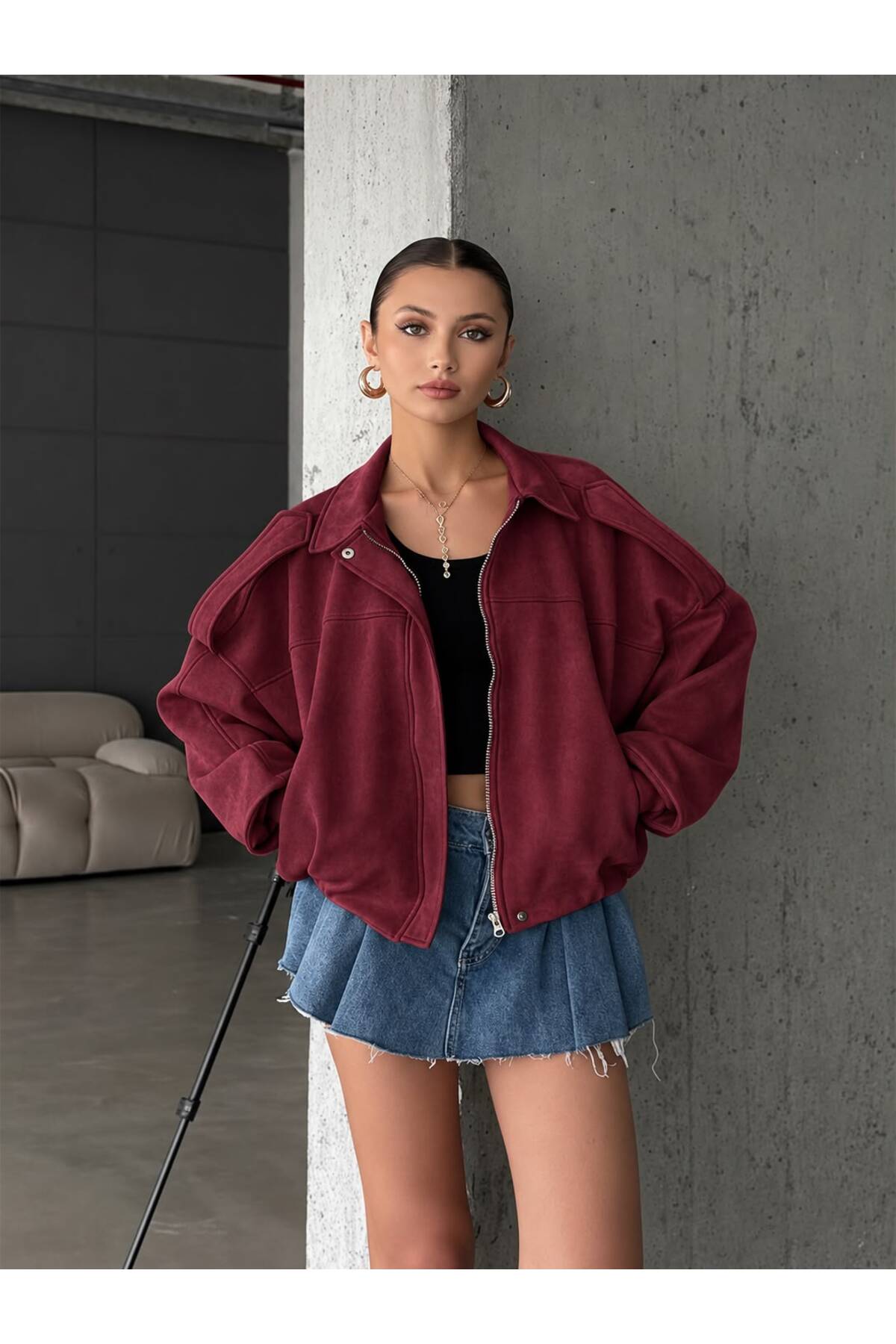 mega lucky Oversize Kadın Bomber Bordo Süet Deri Ceket görsel 2