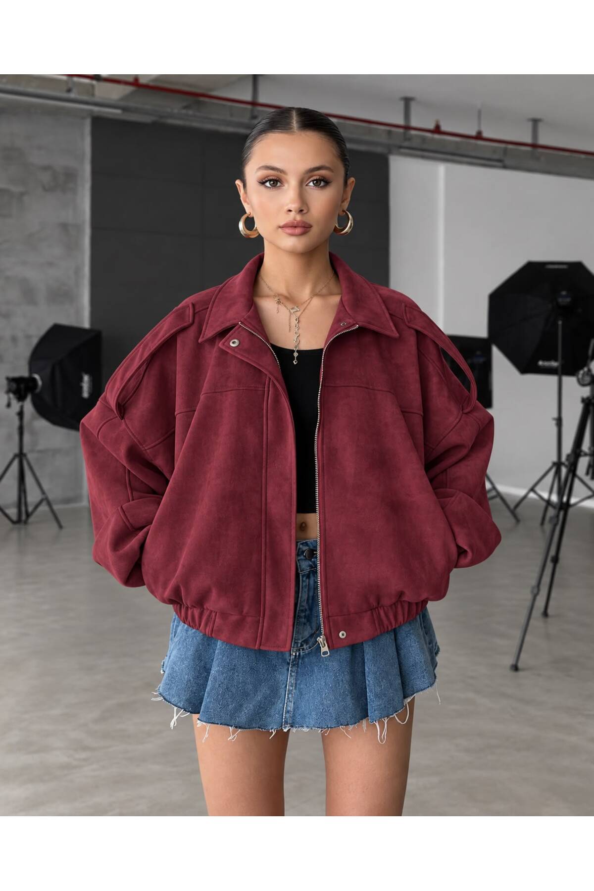 mega lucky Oversize Kadın Bomber Bordo Süet Deri Ceket