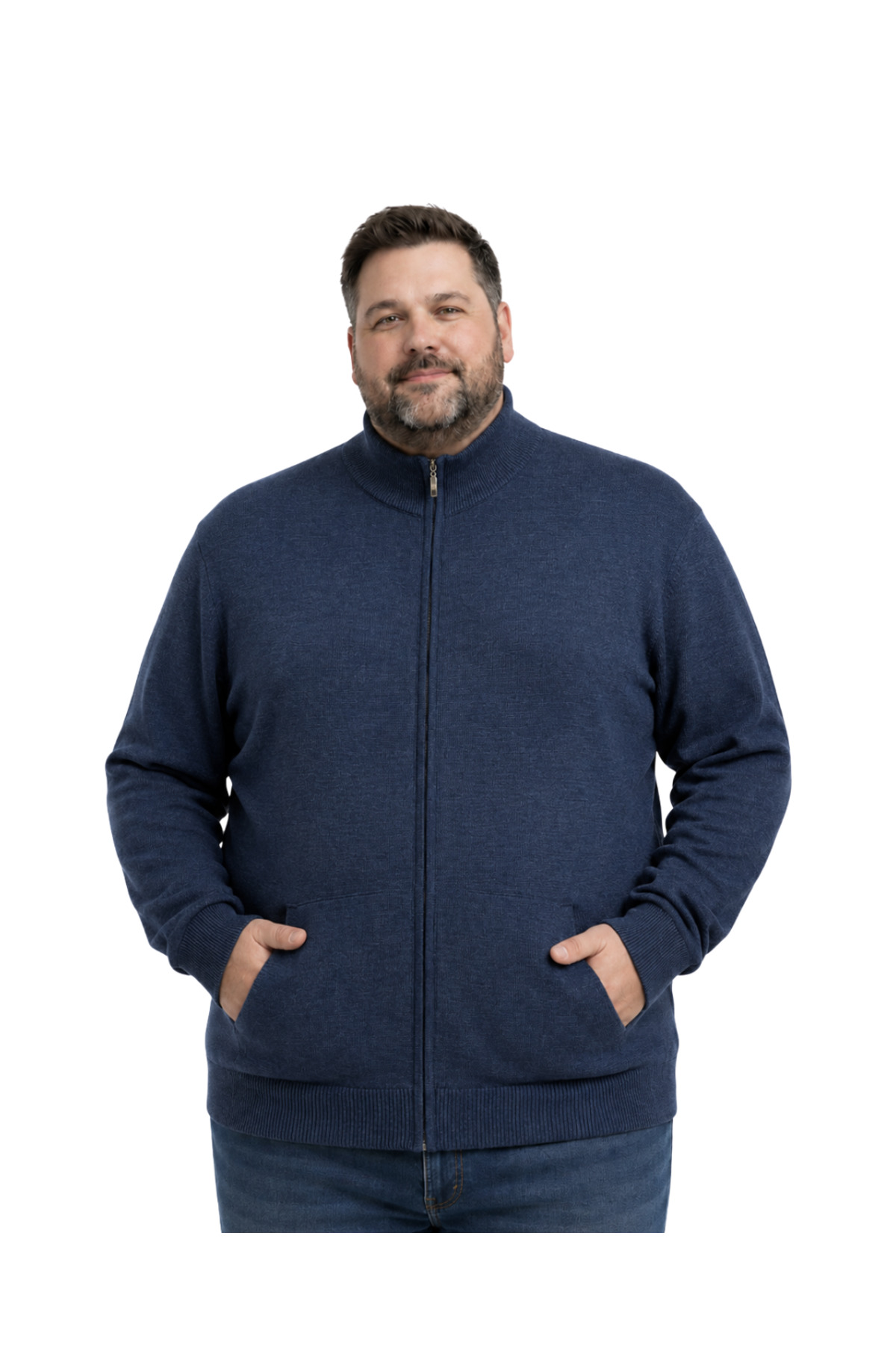 BattalModa Erkek Büyük Beden Melanj Lacivert Basic Cepli Triko Hırka 3XL-4XL-5XL-6XL