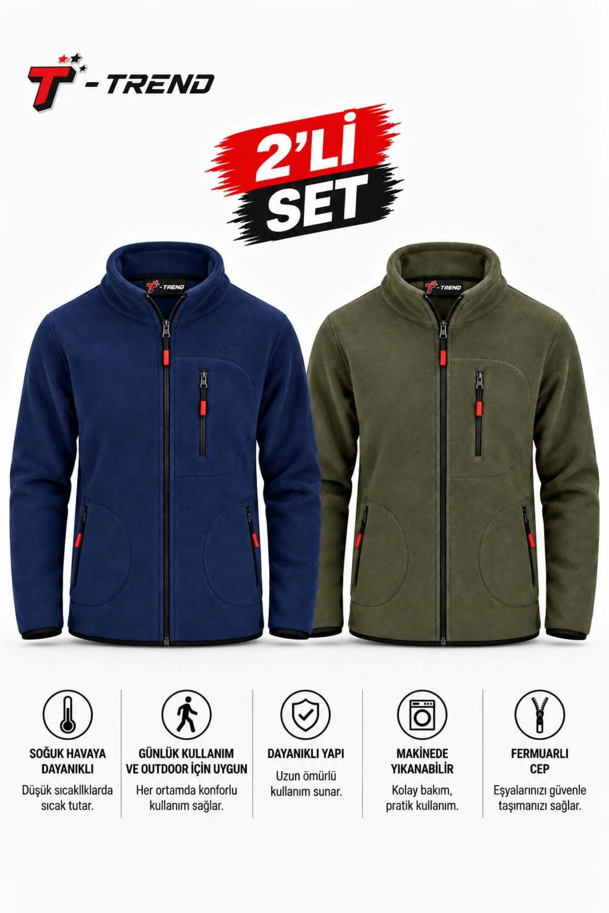 T.trend POLAR CEKET İKİLİ SET LACİVERT HAKİ REGULAR KALIP ERKEK/UNİSEX