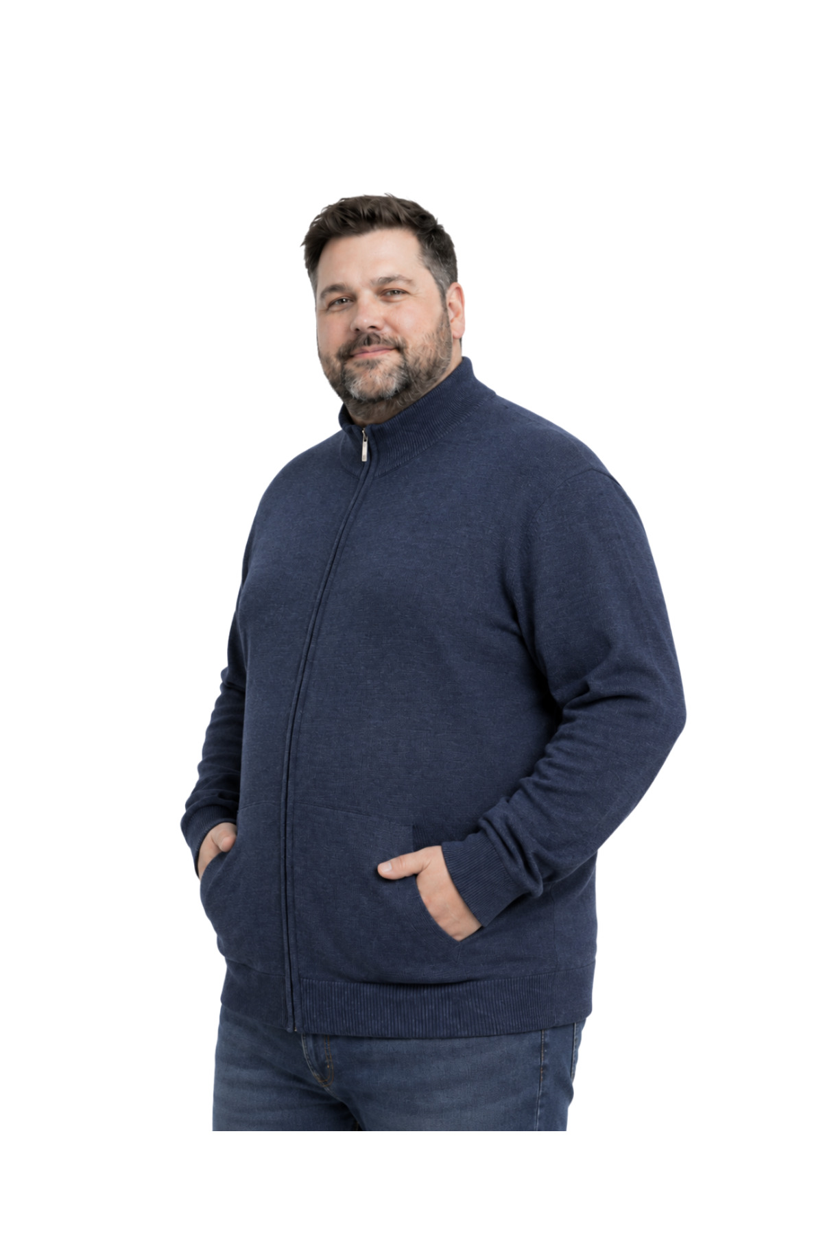 BattalModa Erkek Büyük Beden Melanj Lacivert Basic Cepli Triko Hırka 3XL-4XL-5XL-6XL görsel 2
