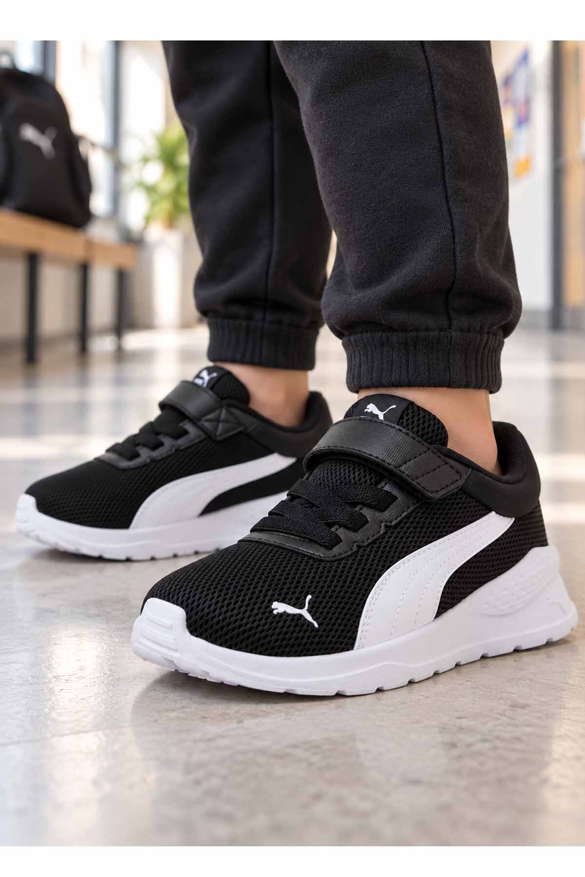 Puma Çocuk Siyah Beyaz Günlük Spor Ayakkabı Cırt Cırtlı Rahat Sneaker