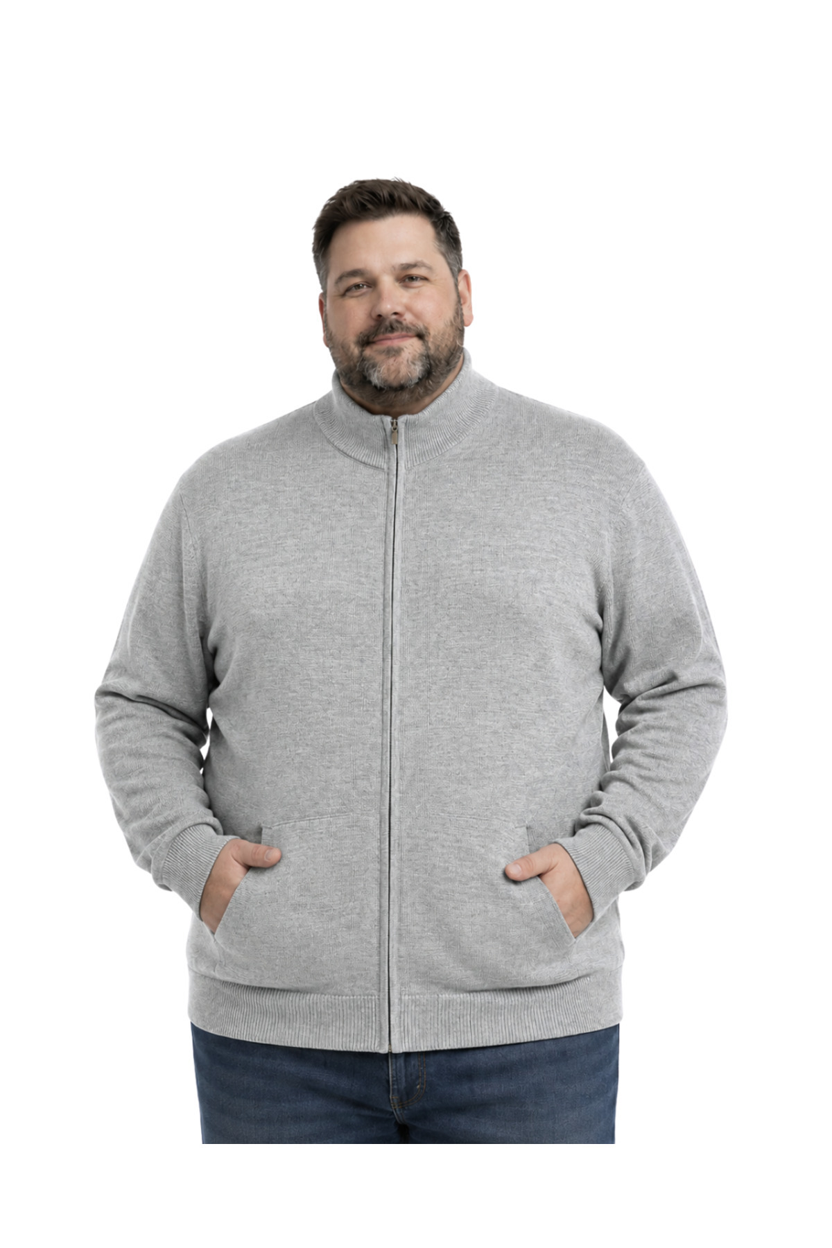 BattalModa Erkek Büyük Beden Gri Basic Cepli Triko Hırka 3XL-4XL-5XL-6XL