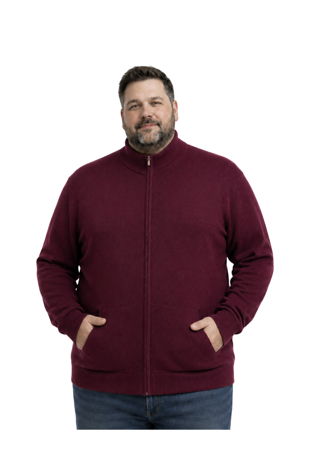 BattalModa Erkek Büyük Beden Bordo Basic Cepli Triko Hırka 3XL-4XL-5XL-6XL