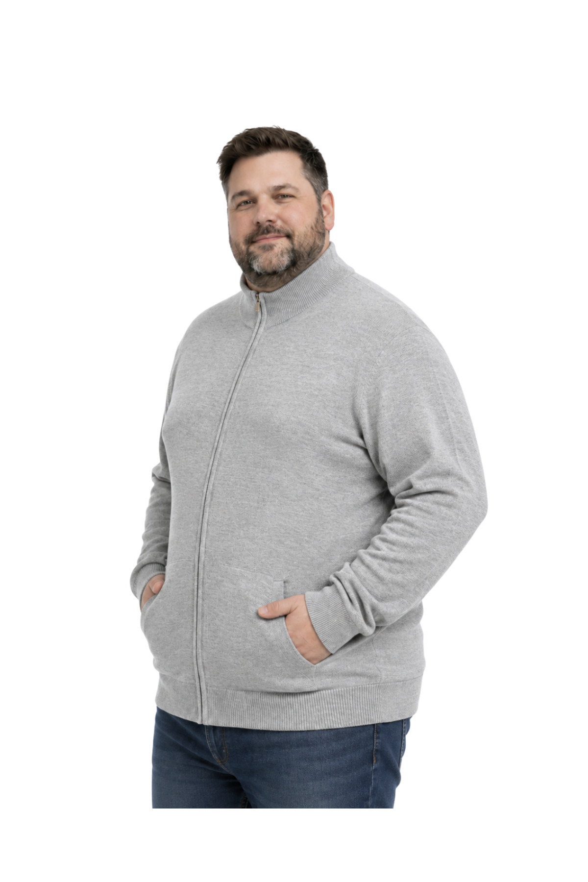 BattalModa Erkek Büyük Beden Gri Basic Cepli Triko Hırka 3XL-4XL-5XL-6XL görsel 2