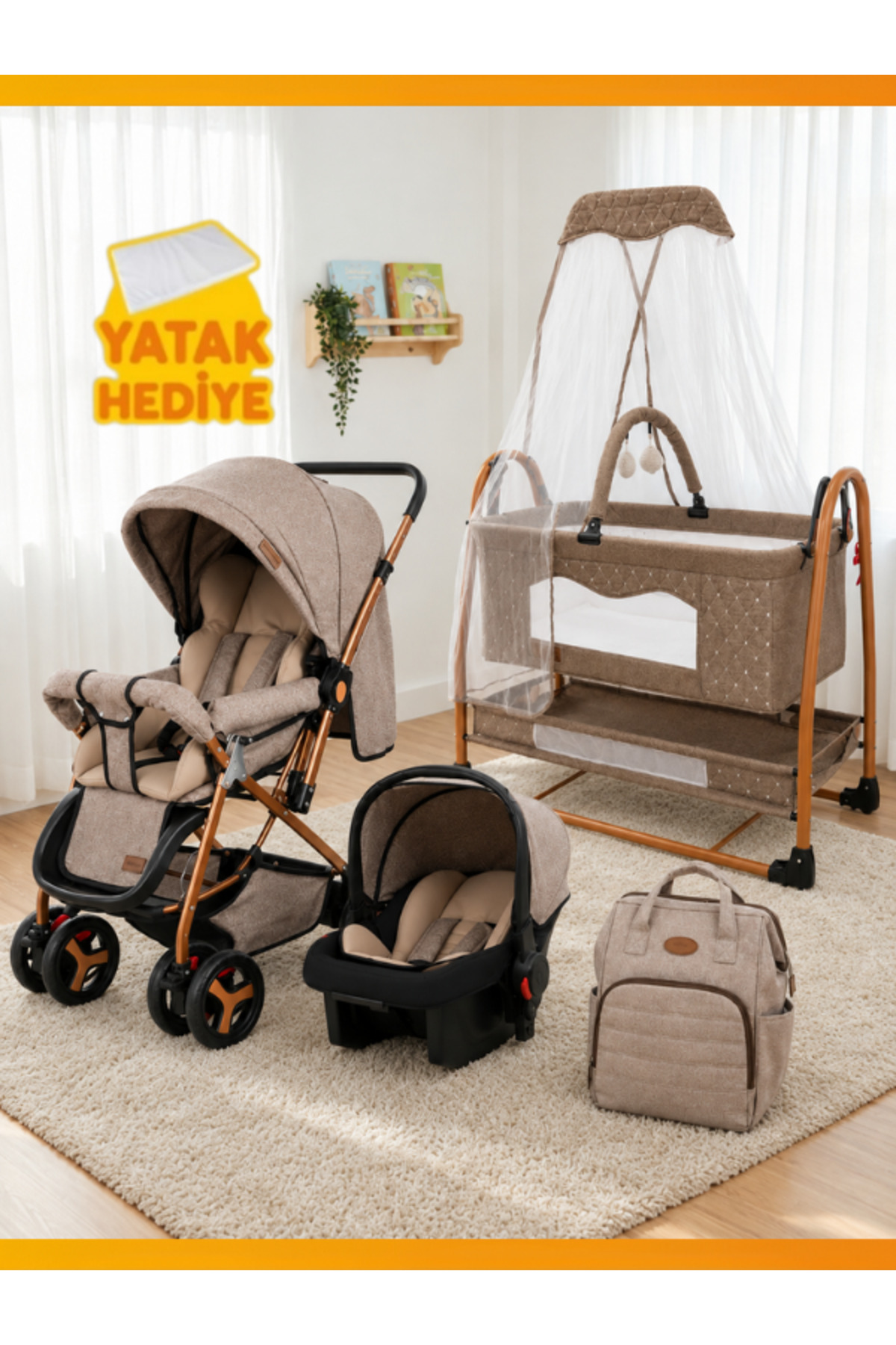 modabebekler Bebek Odası 6 Parça Yeni Doğan Anne Yanı Beşik ve Çift Yönlü Travel Sistem Bebek Arabası Seti