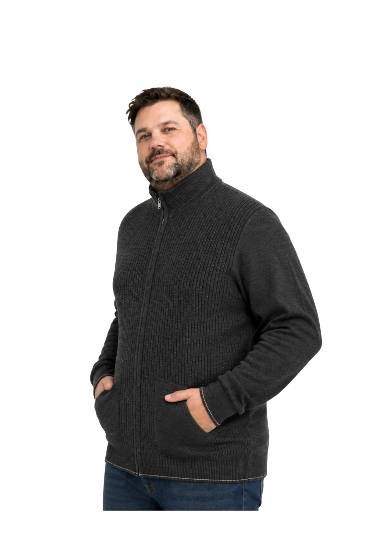 BattalModa Erkek Büyük Beden Antrasit Dikey Örgü Cepli Triko Hırka 3XL-4XL-5XL-6XL görsel 2