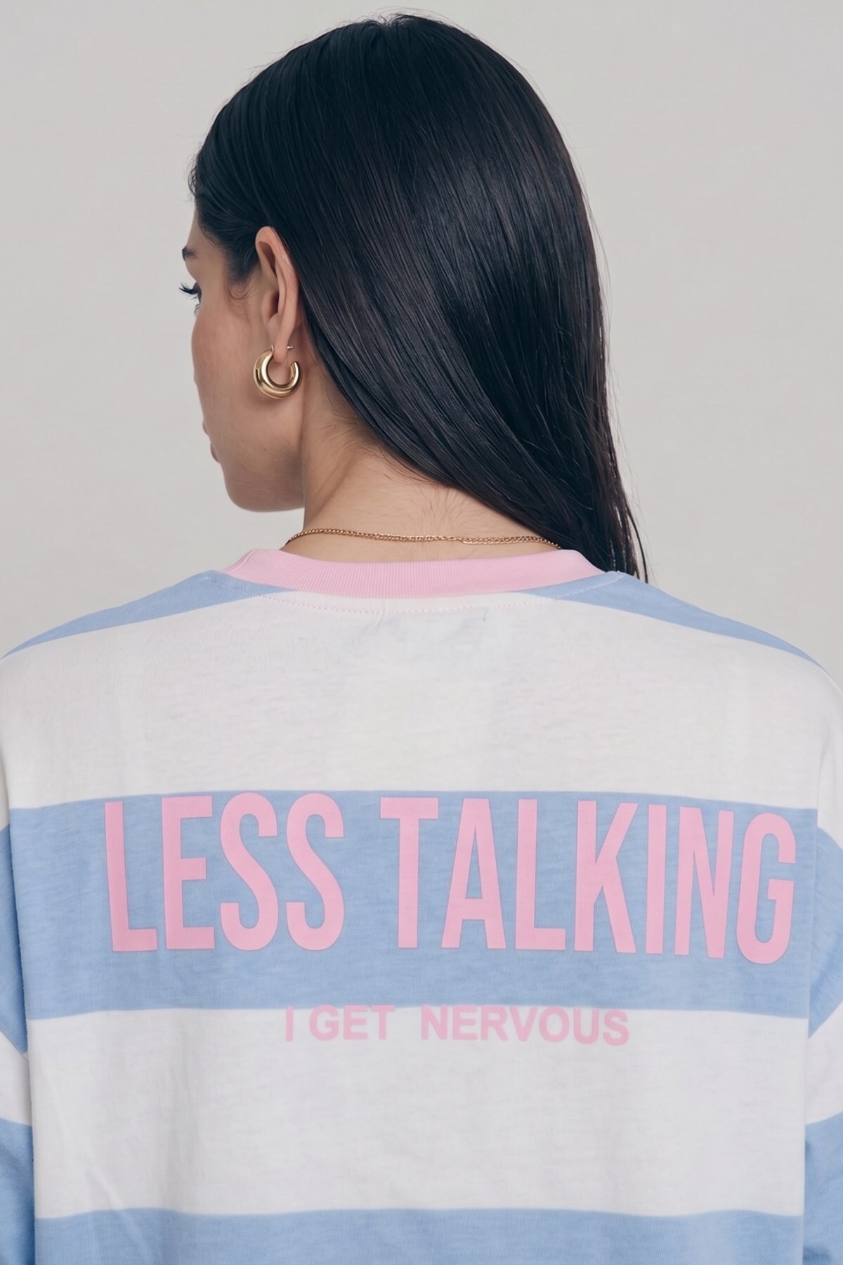 CrepTekstil Kadın Çizgili Uzun Kollu Tişört Less Talking Baskılı Mavi Beyaz, %100 Pamuk görsel 6