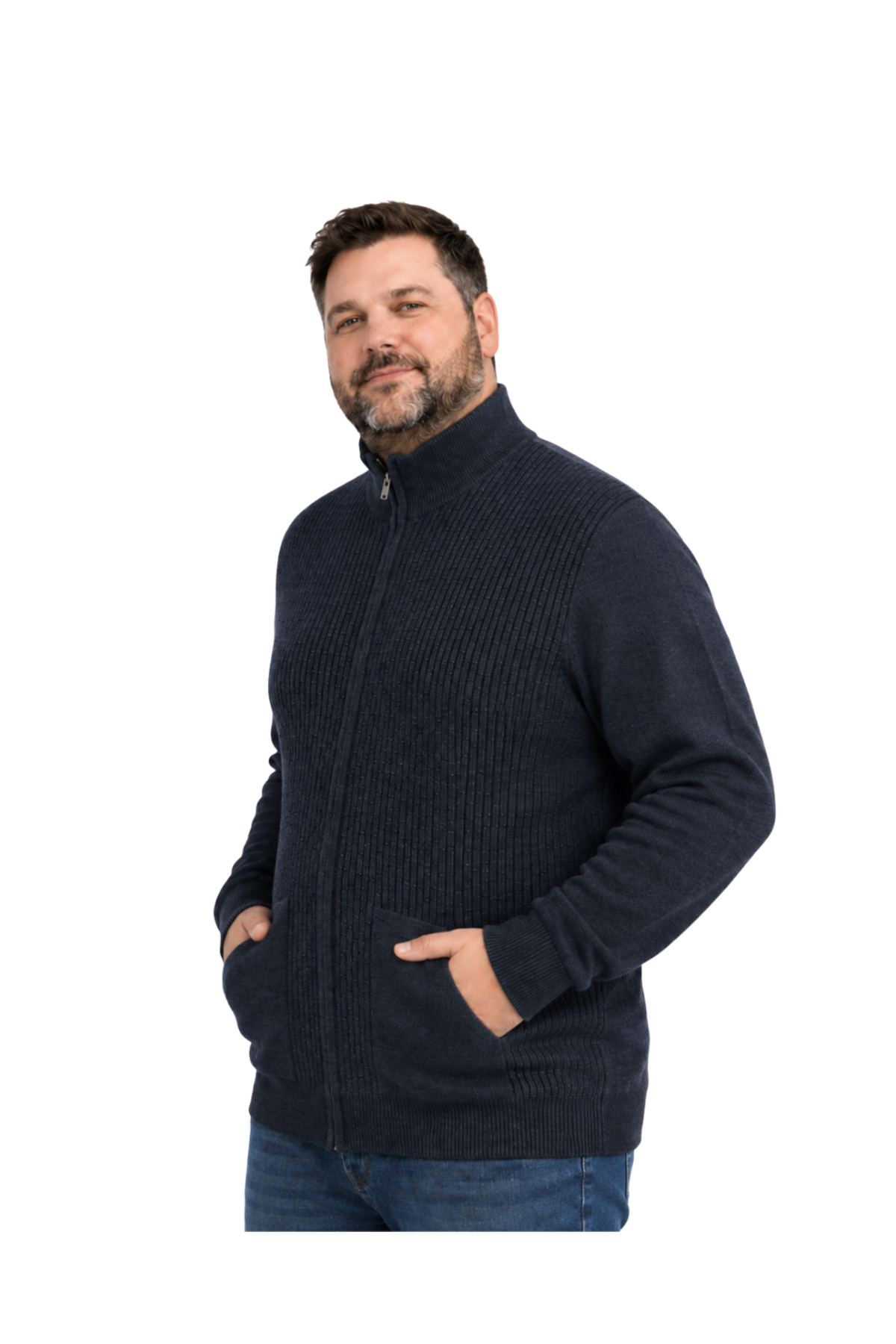 BattalModa Erkek Büyük Beden Melanj Lacivert Dikey Örgü Cepli Triko Hırka 3XL-4XL-5XL-6XL görsel 2
