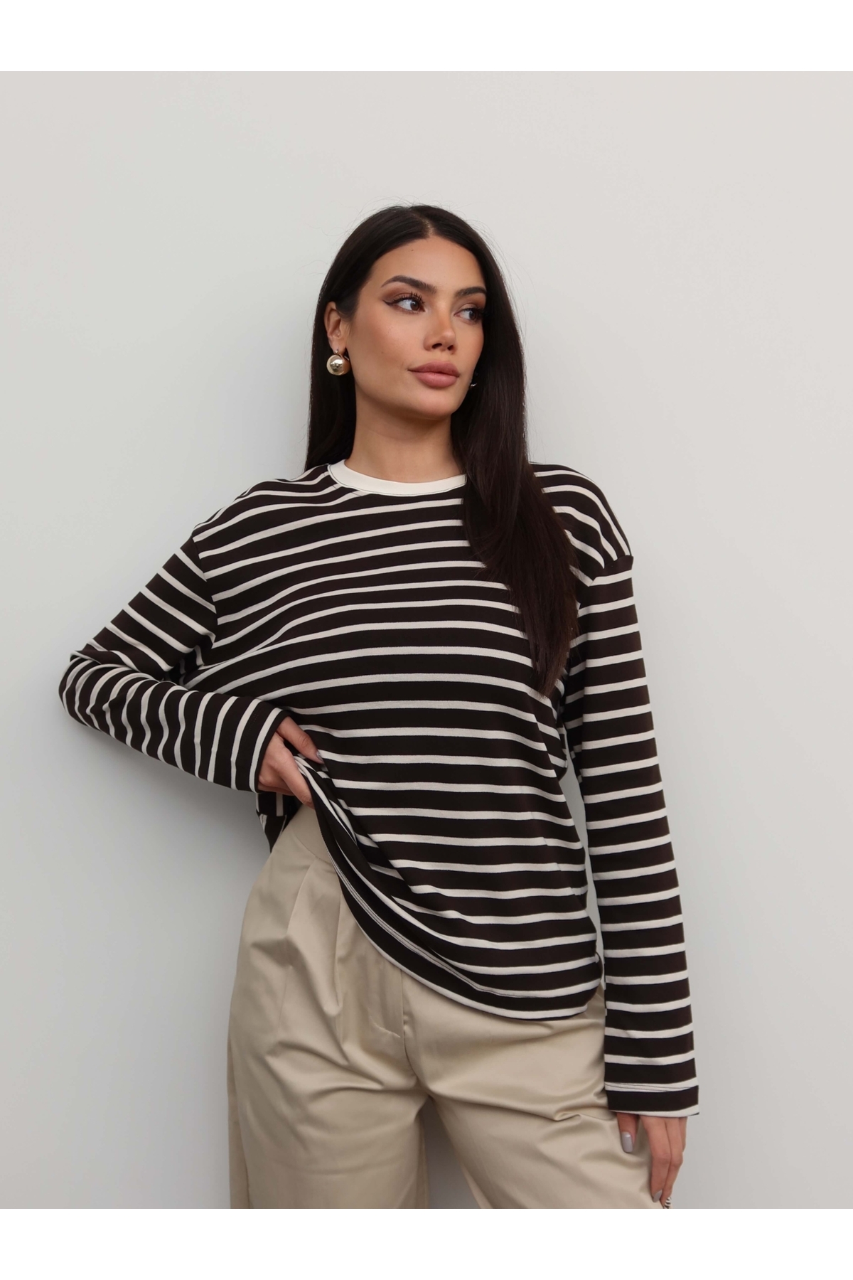 ESRAHELVACI Çizgili Oversize Uzun Kollu Bluz