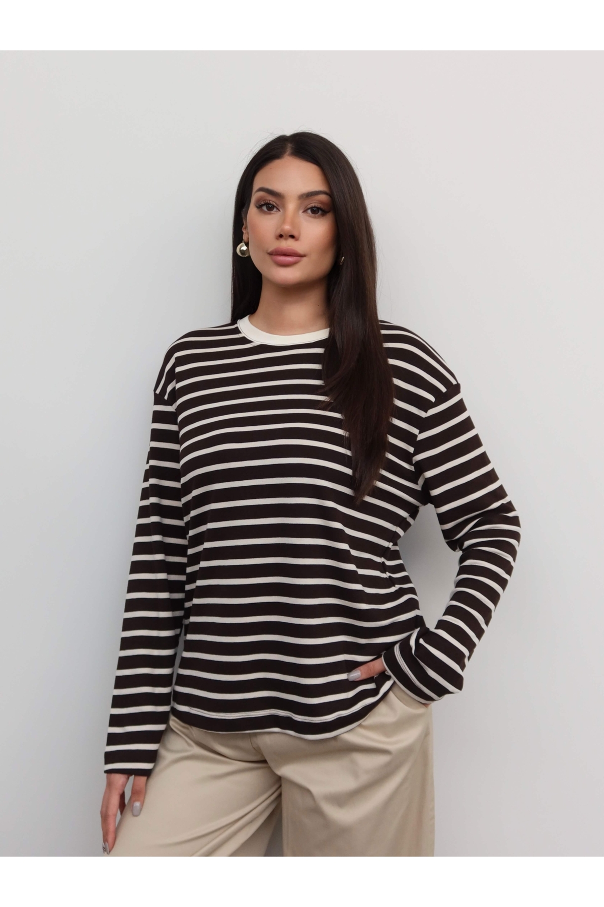 ESRAHELVACI Çizgili Oversize Uzun Kollu Bluz görsel 2