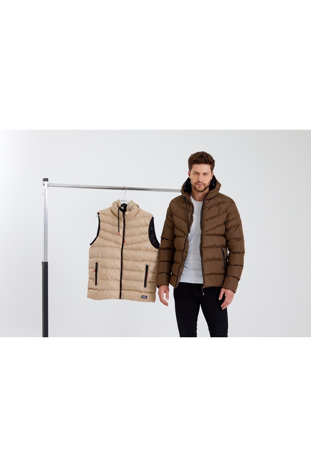 Erkek Yeşil & Krem Kapüşonlu Şişme Mont & Yelek Paket