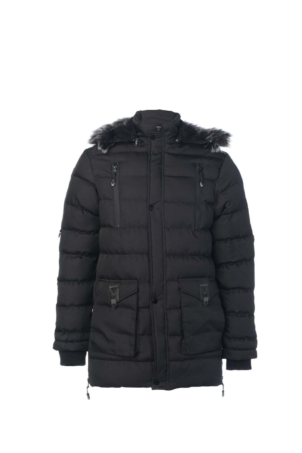 Erkek Siyah Su ve Rüzgar Geçirmez Kapüşonlu Slim Fit Cepli Uzun Şişme Mont & Kaban görsel 2