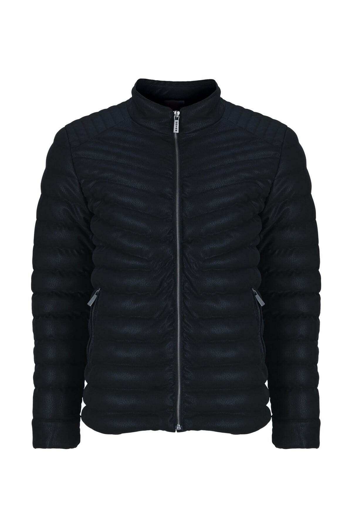 Erkek Siyah Slim Fit Içi Kalın Kürklü Su İtici Şişme Kaz Tüyü Karışımlı İthal Deri Ceket & Mont görsel 2