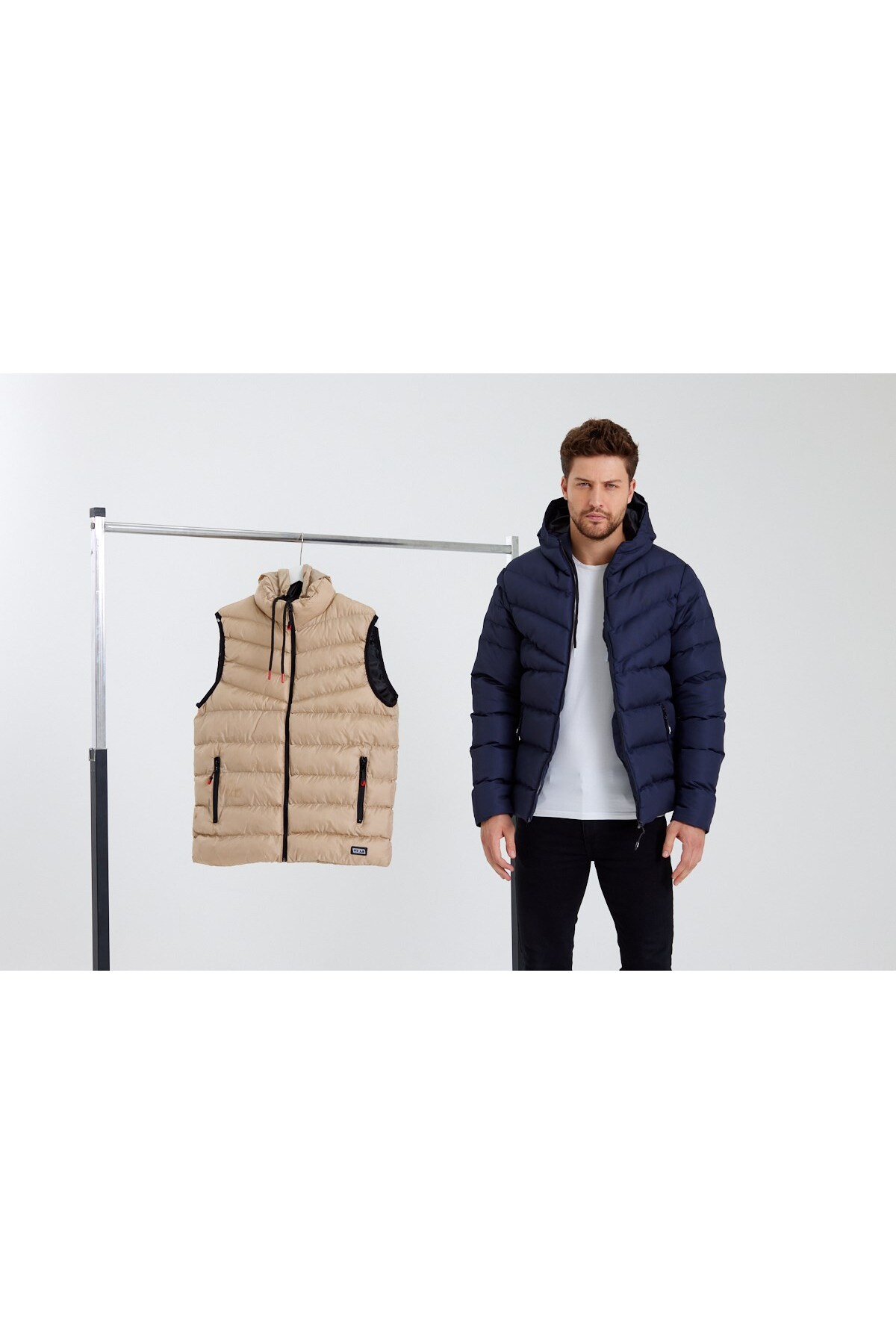 Erkek Yeşil & Krem Kapüşonlu Şişme Mont & Yelek Paket - Koyu Lacivert - Krem