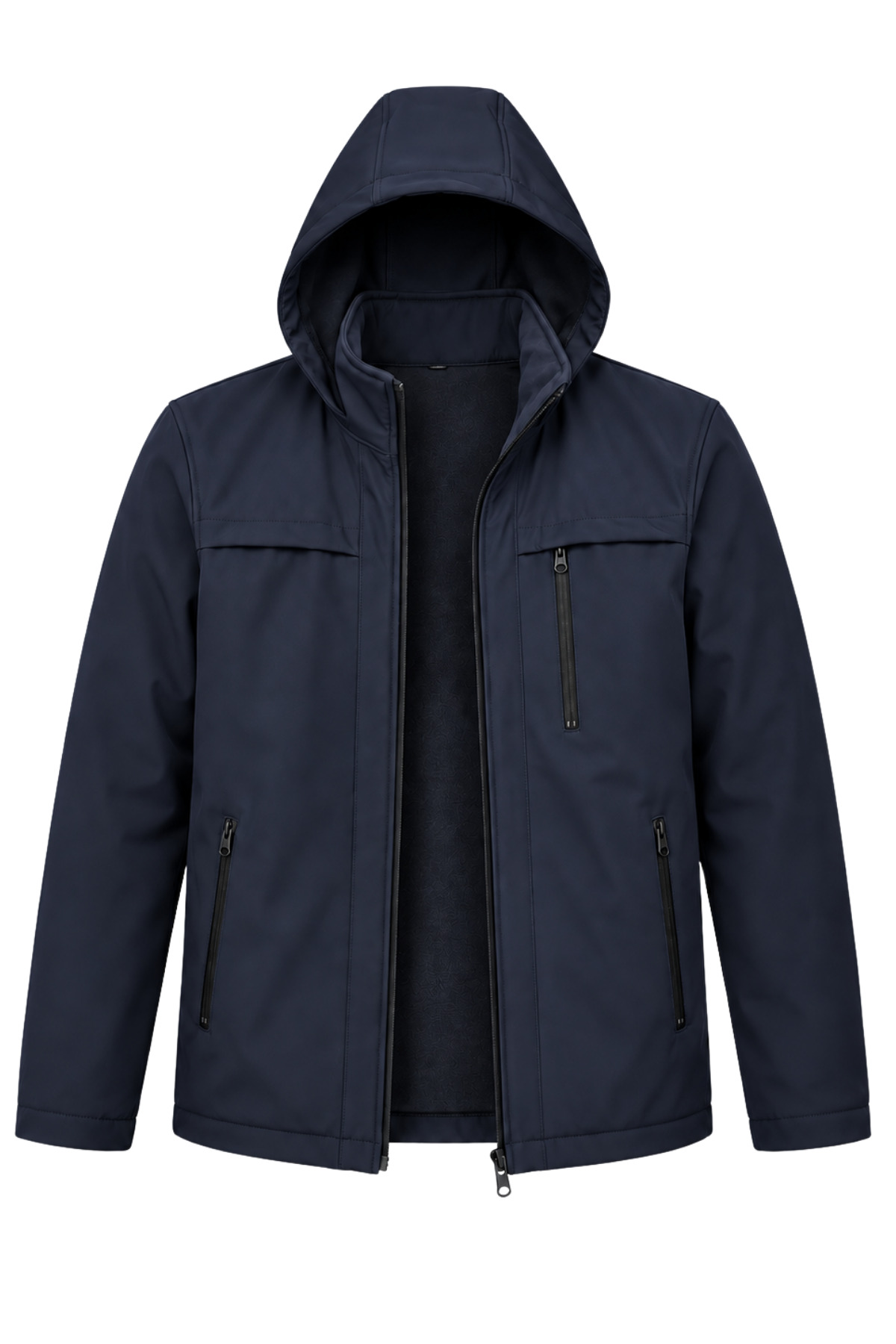Erkek Kapüşonlu Softshell Mont Su Geçirmez Fermuarlı Cepli Mevsimlik Mont — سرمه‌ای CVPSVS58