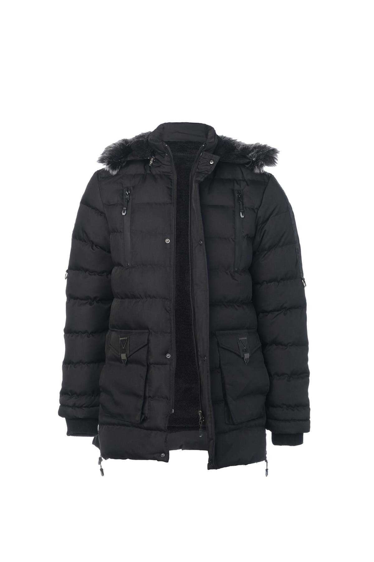Erkek Siyah Su ve Rüzgar Geçirmez Kapüşonlu Slim Fit Cepli Uzun Şişme Mont & Kaban görsel 3