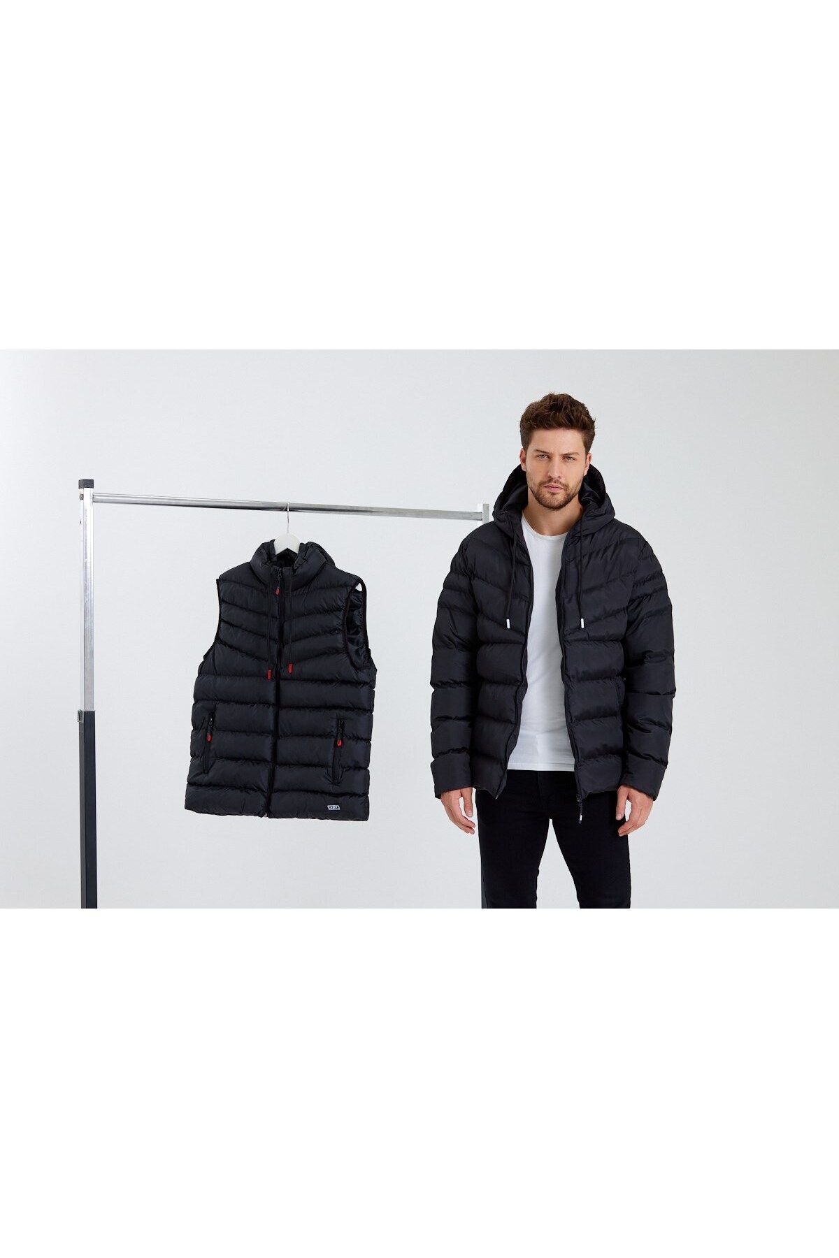 Erkek Yeşil & Krem Kapüşonlu Şişme Mont & Yelek Paket - Siyah