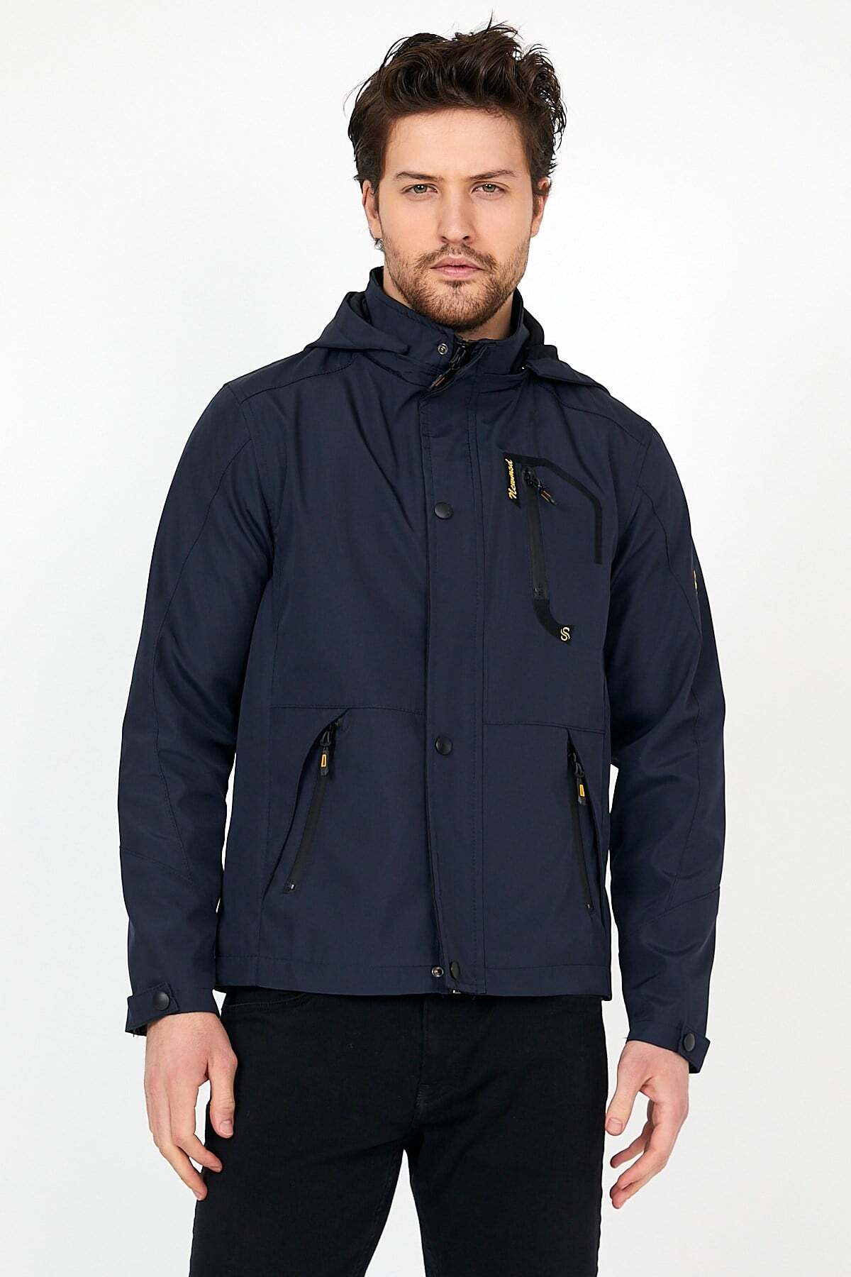 Erkek Sarı Softshell Kapüşonlu İç Cepli Su ve Rüzgar Geçirmez Mevsimlik & Yazlık Mont - Lacivert