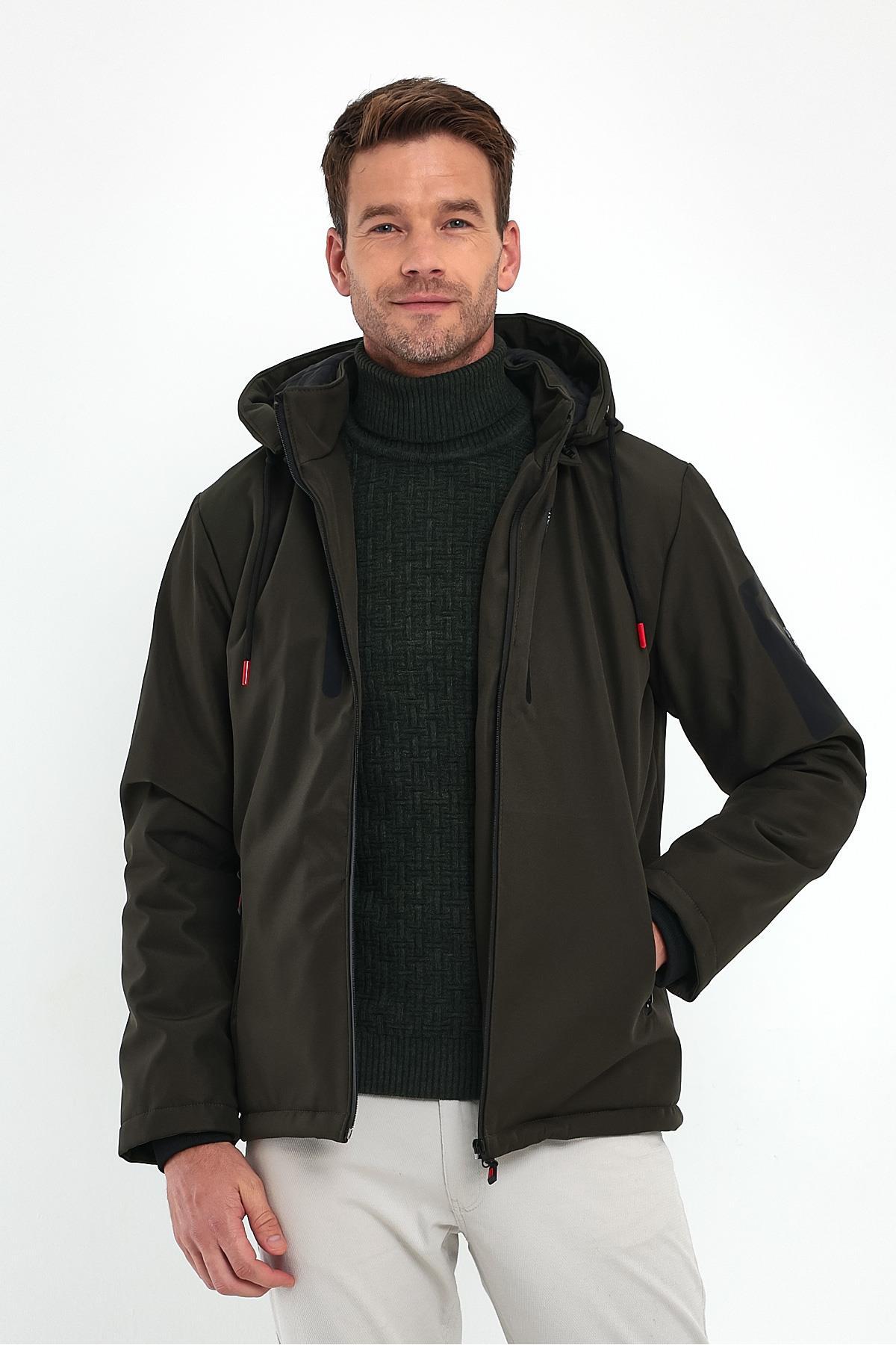 Erkek Yeşil Su ve Rüzgar Geçirmez Kalın Rahat Kalıp Softshell Erkek Mont görsel 5