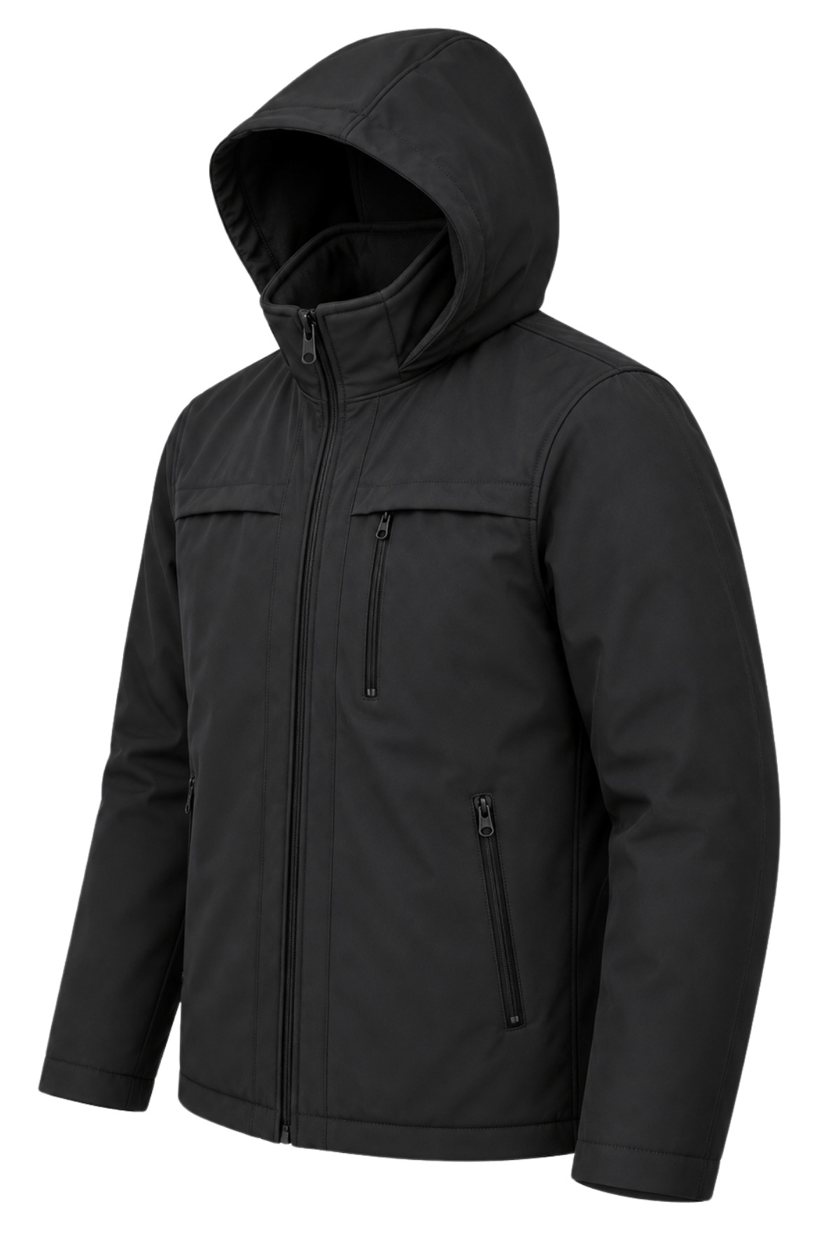 Erkek Kapüşonlu Softshell Mont Su Geçirmez Fermuarlı Cepli Mevsimlik Mont — مشکی CVPSVS58 — تصویر 2 از 5