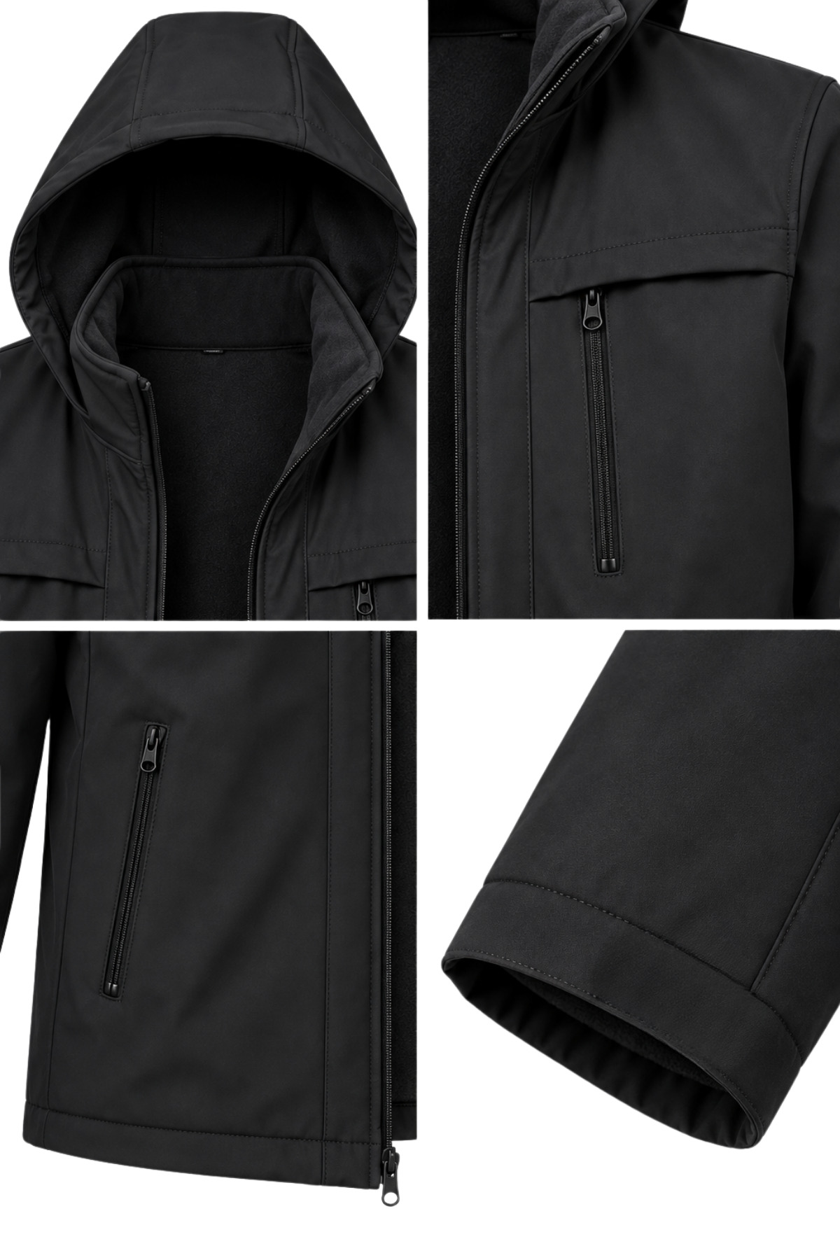 Erkek Kapüşonlu Softshell Mont Su Geçirmez Fermuarlı Cepli Mevsimlik Mont — مشکی CVPSVS58 — تصویر 4 از 5