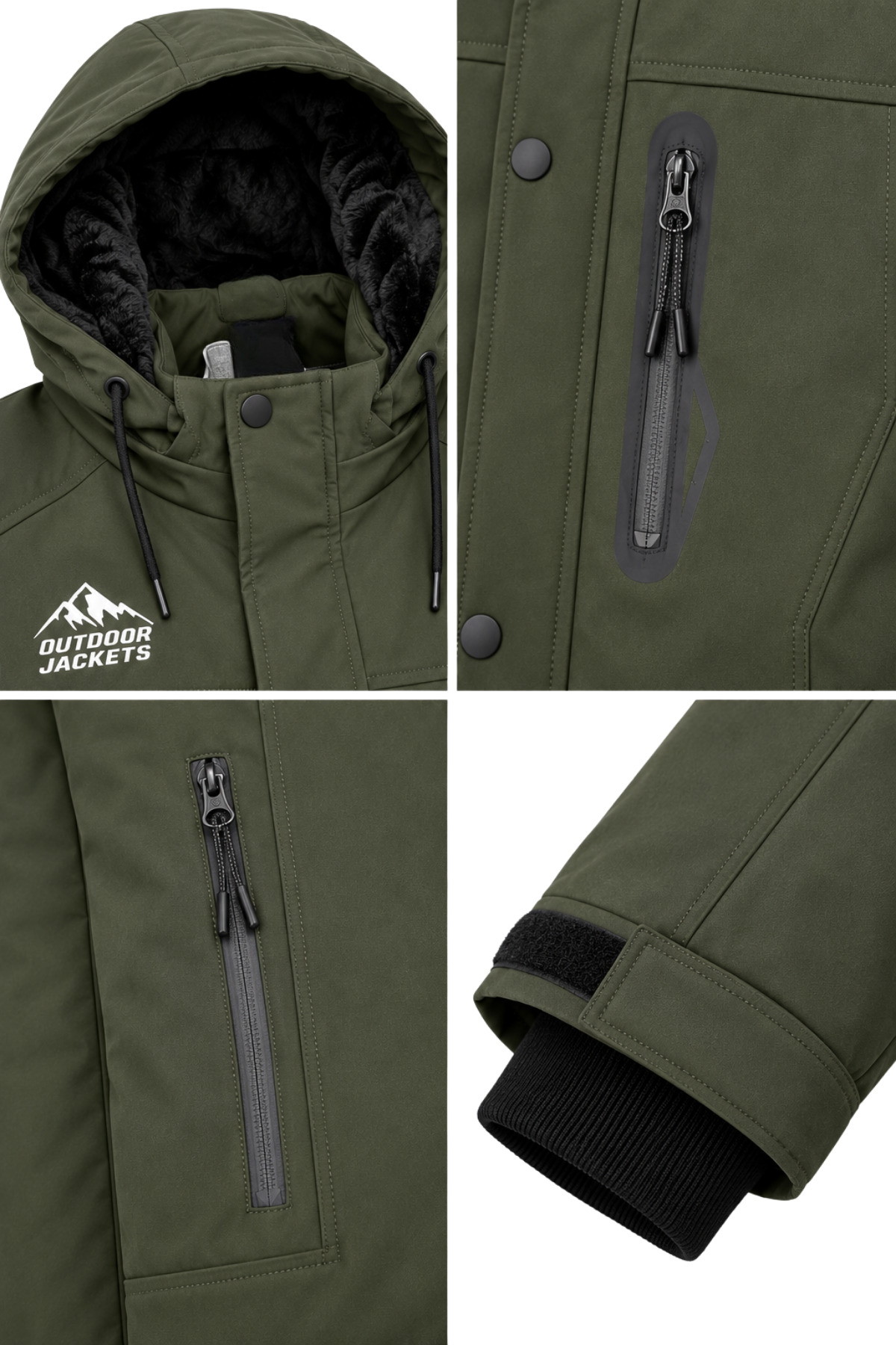 Erkek Yeşil Softshell Mont Kapüşonlu Kışlık Suya Dayanıklı Fermuarlı Cepli Outdoor Mont görsel 4