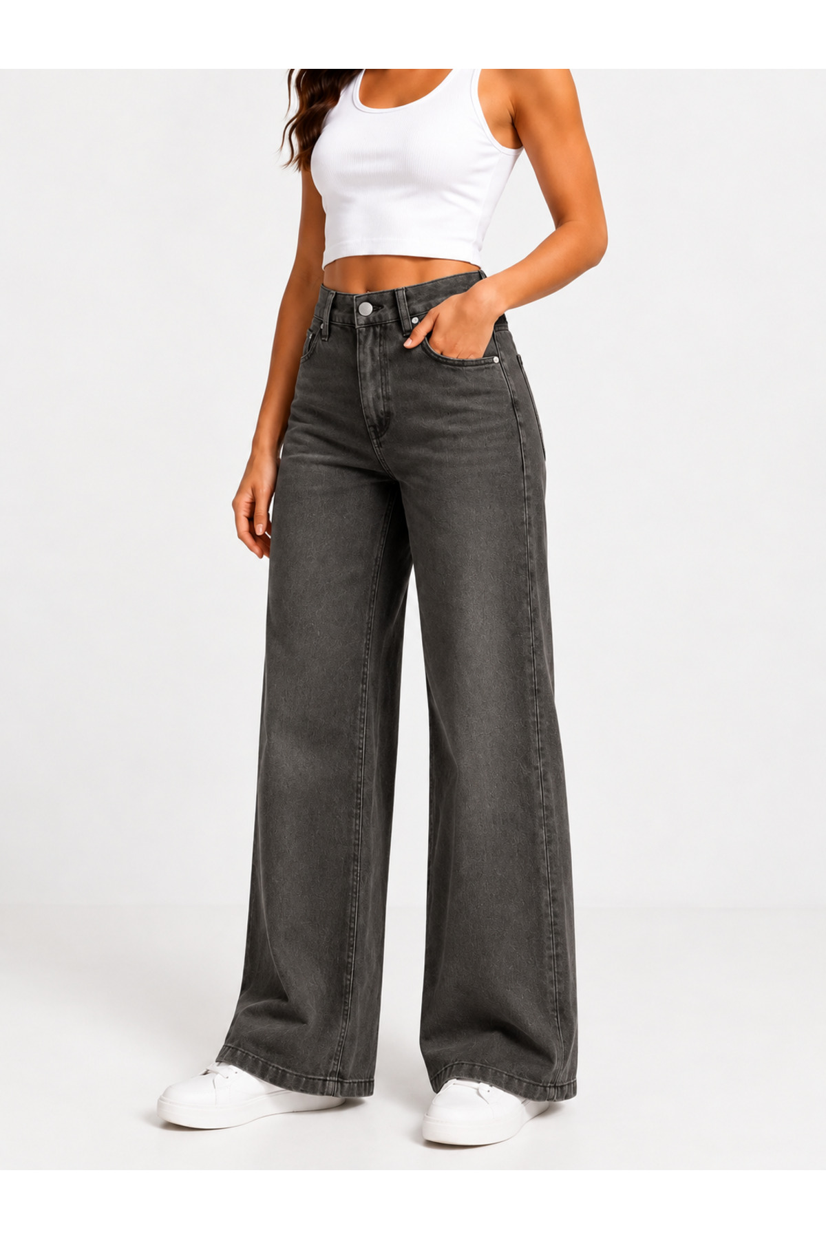 J&KSTORES Kadın Yüksek Bel Bol Paça Jean Kot Palazzo Pantolon görsel 3