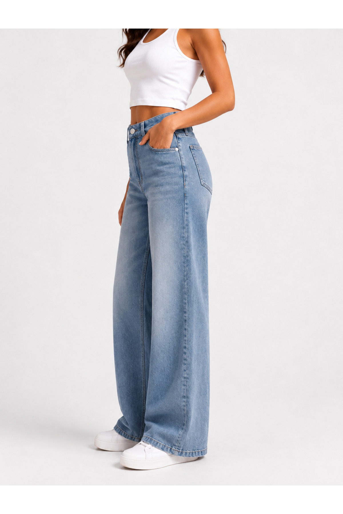 J&KSTORES Kadın Yüksek Bel Bol Paça Jean Kot Palazzo Pantolon görsel 4