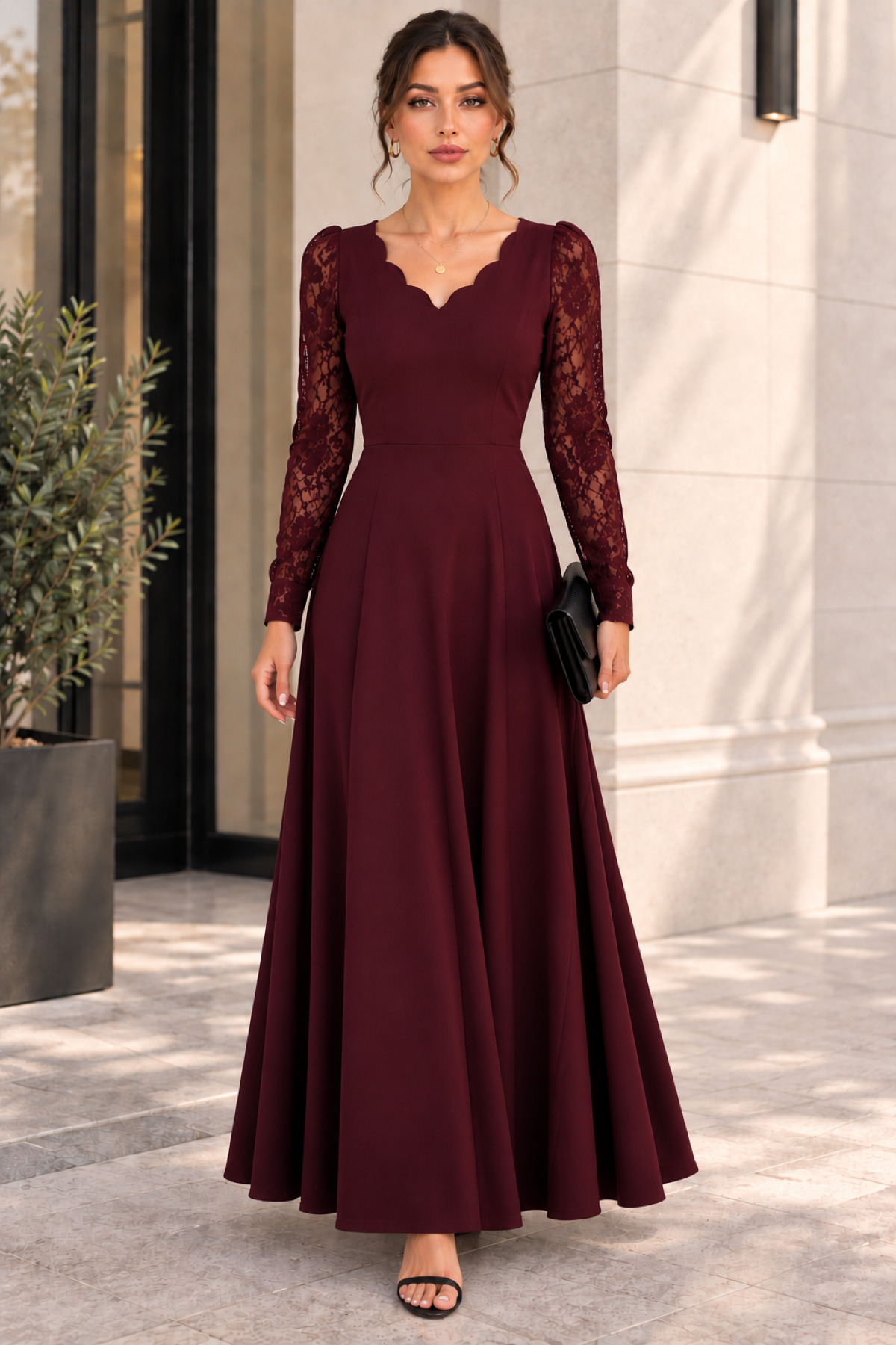 DRESSIFY WOMEN’S FASHION Kadın Uzun Kollu Dalgalı V Yaka Dantel Kol Detaylı Krep Uzun Abiye Elbise