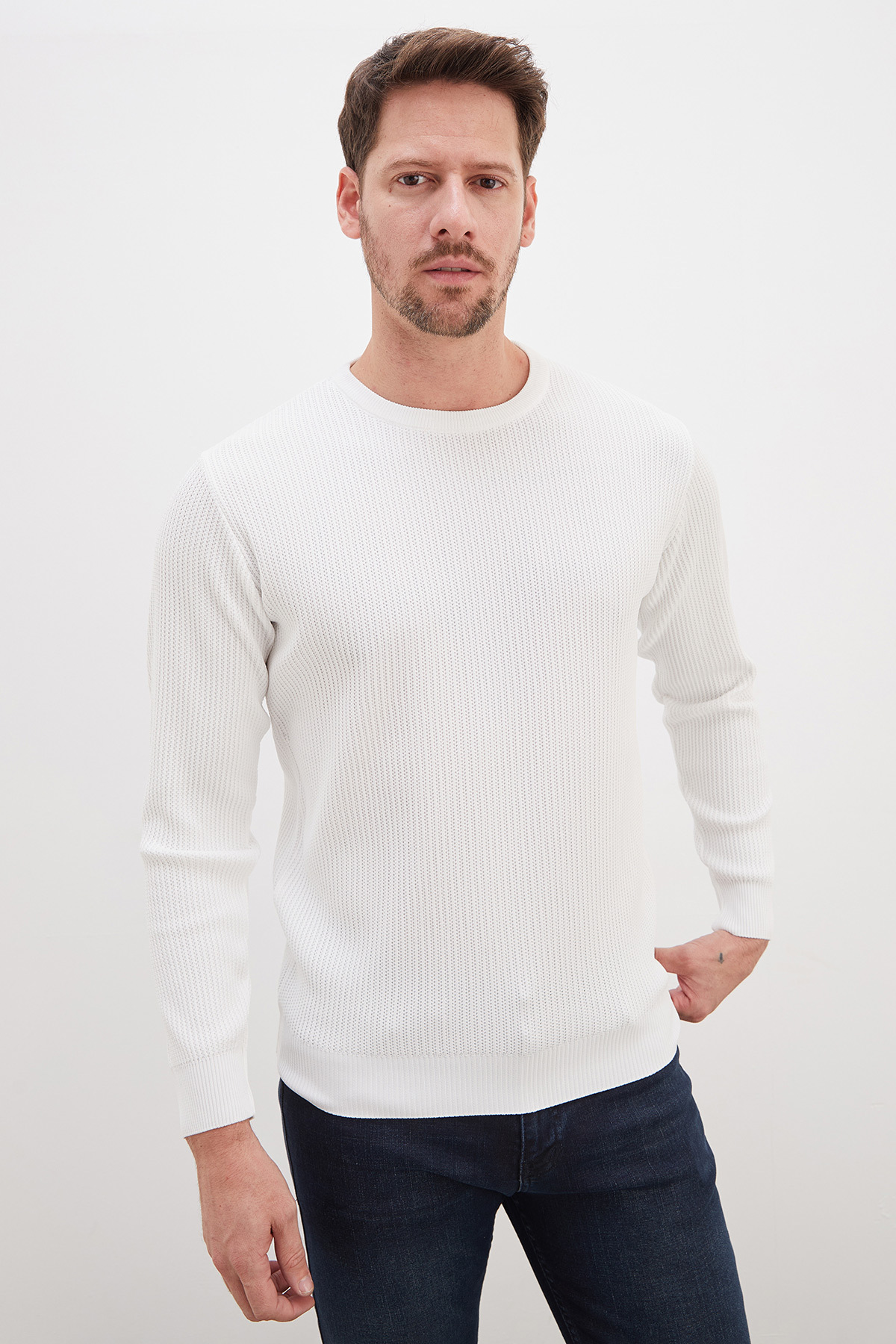Fulla Moda Waffle Dokulu Bisiklet Yaka Regular Fit Triko Kazak — سفید 27KERK7821146397