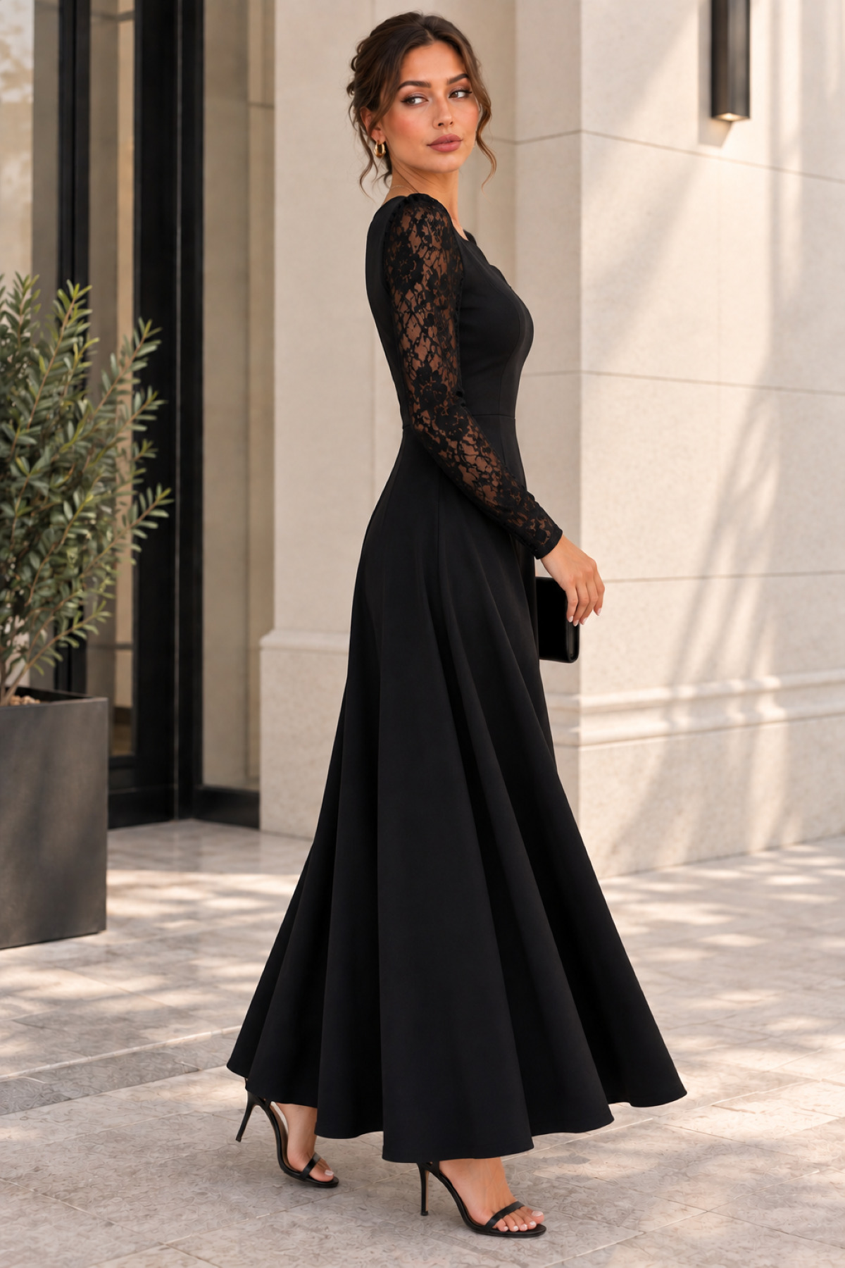 DRESSIFY WOMEN’S FASHION Kadın Uzun Kollu Dalgalı V Yaka Dantel Kol Detaylı Krep Uzun Abiye Elbise görsel 3