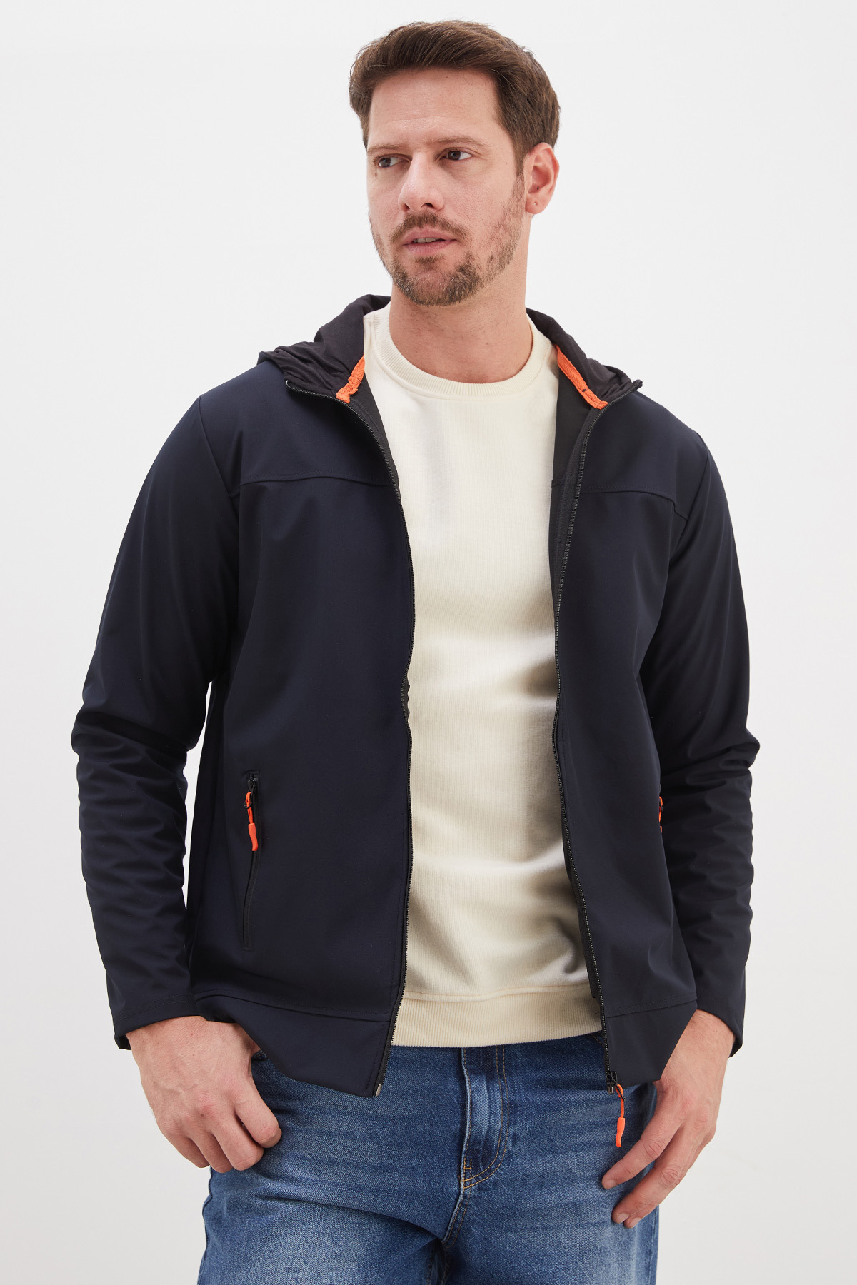Fermuarlı Kapüşonlu Softshell Ceket — سرمه‌ای 27KERK6045144275 — تصویر 3 از 8